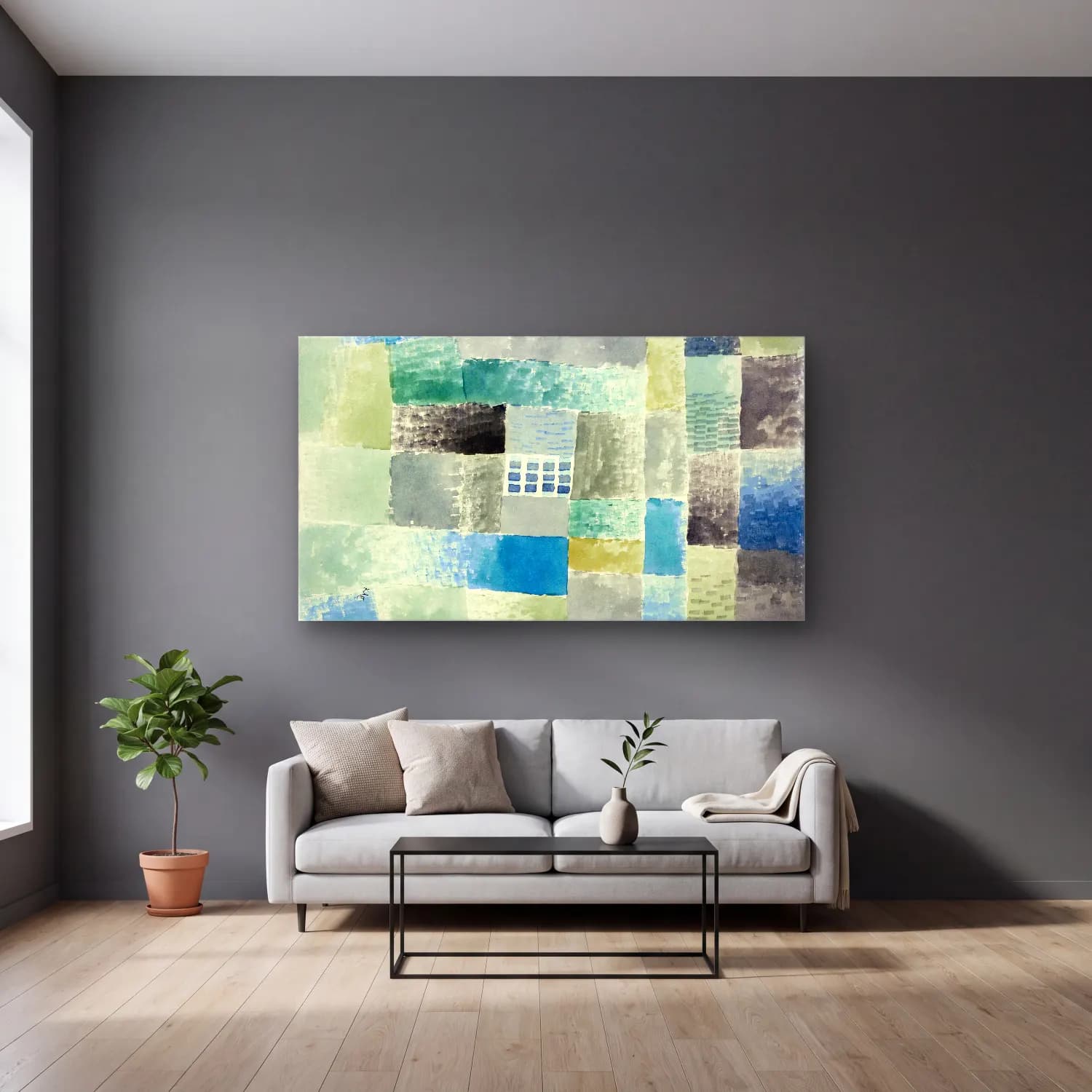Paul Klee – First house in a settlement – Mavi Tonlar cam tablo — gri duvarlı salonda