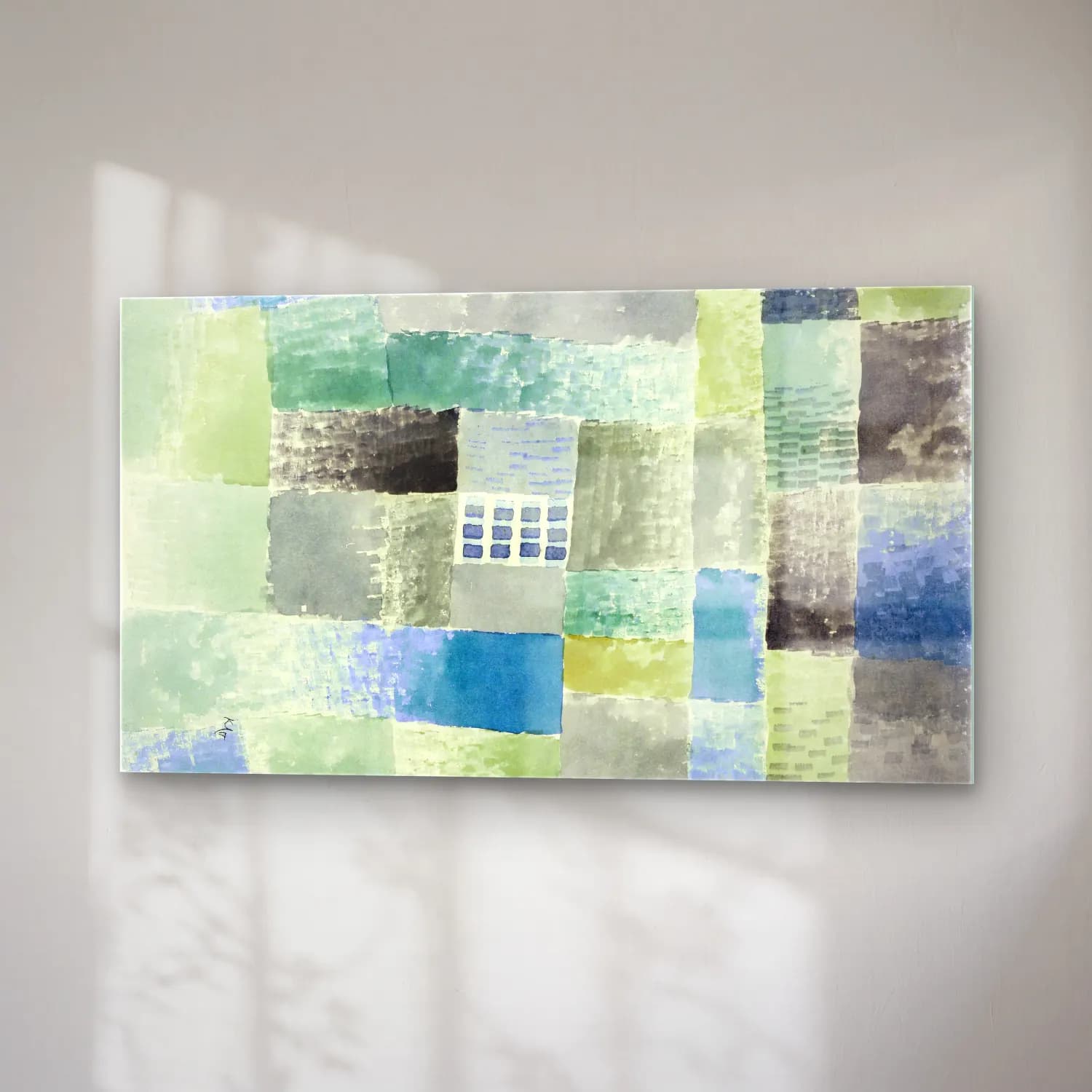 Paul Klee – First house in a settlement – Mavi Tonlar cam tablo — sağ açıdan görünüm