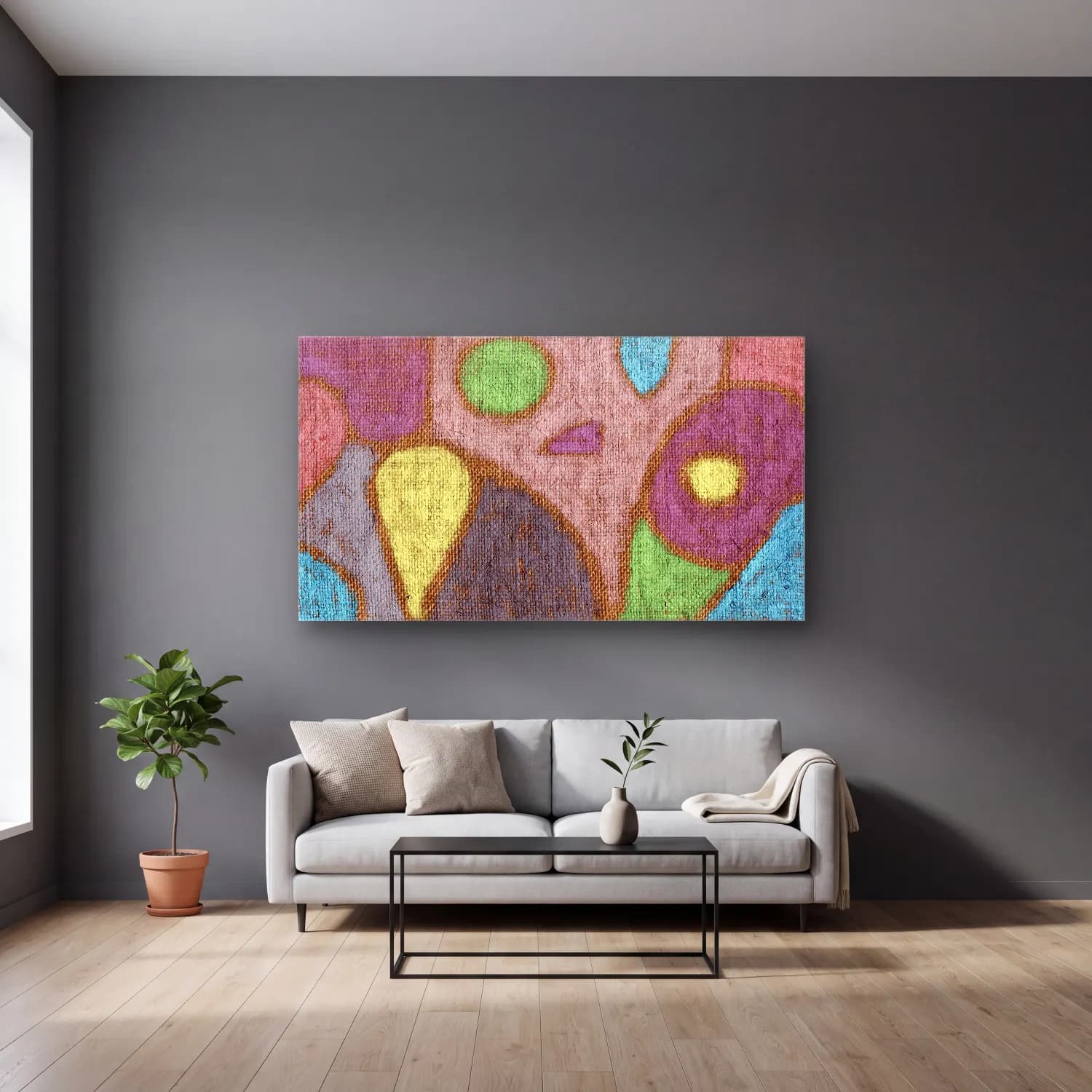 Paul Klee – Mild Fruit (ca. 1930s) cam tablo — gri duvarlı salonda