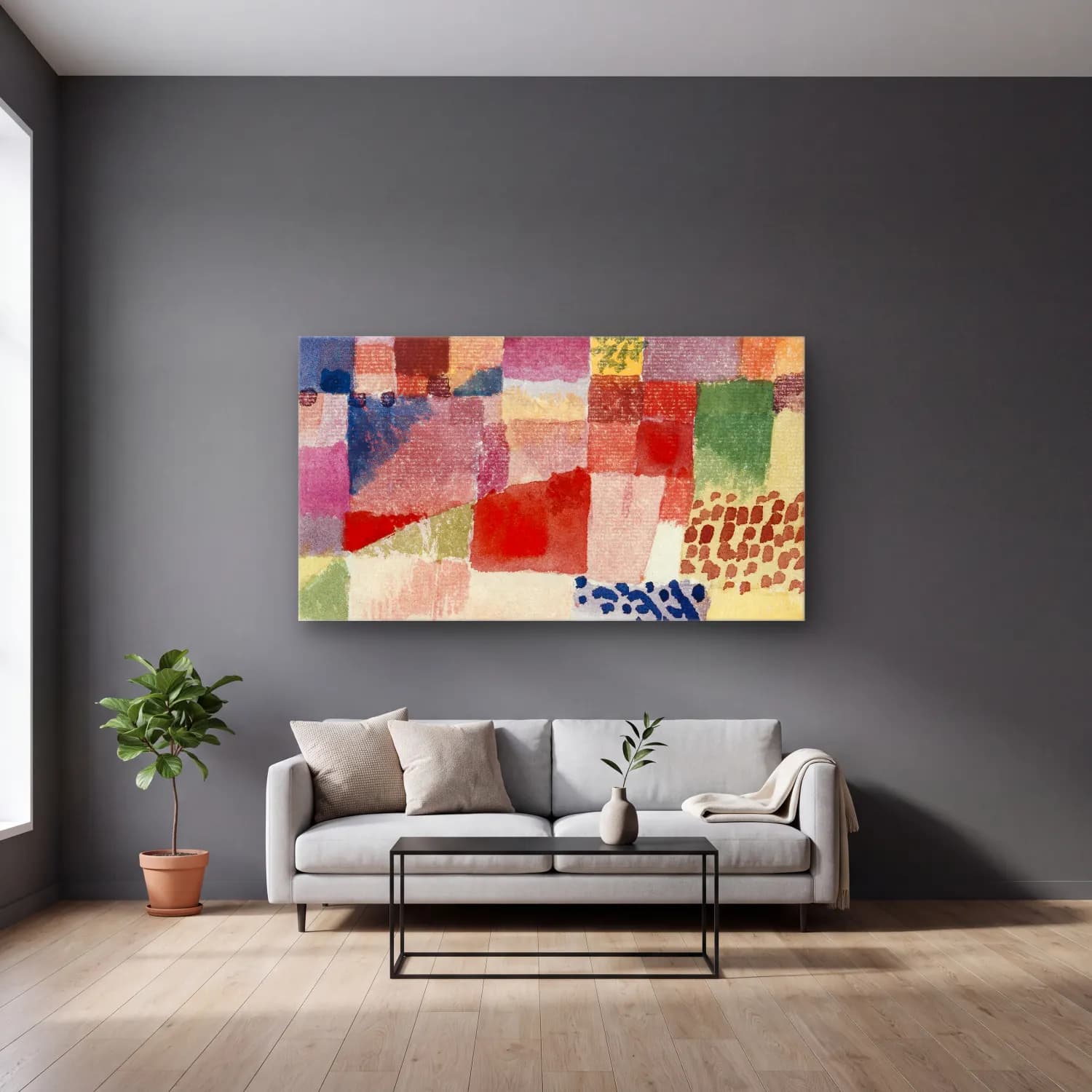 Paul Klee – Motif from Hammamet – Bej Tonlar cam tablo — gri duvarlı salonda