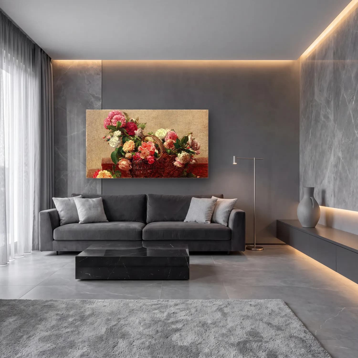 Henri Fantin-Latour – Panier de roses cam tablo — lüks salon duvarında