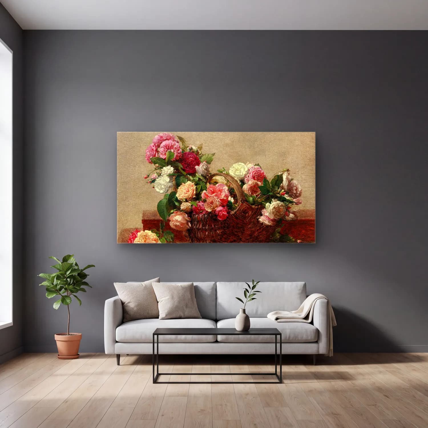 Henri Fantin-Latour – Panier de roses cam tablo — gri duvarlı salonda