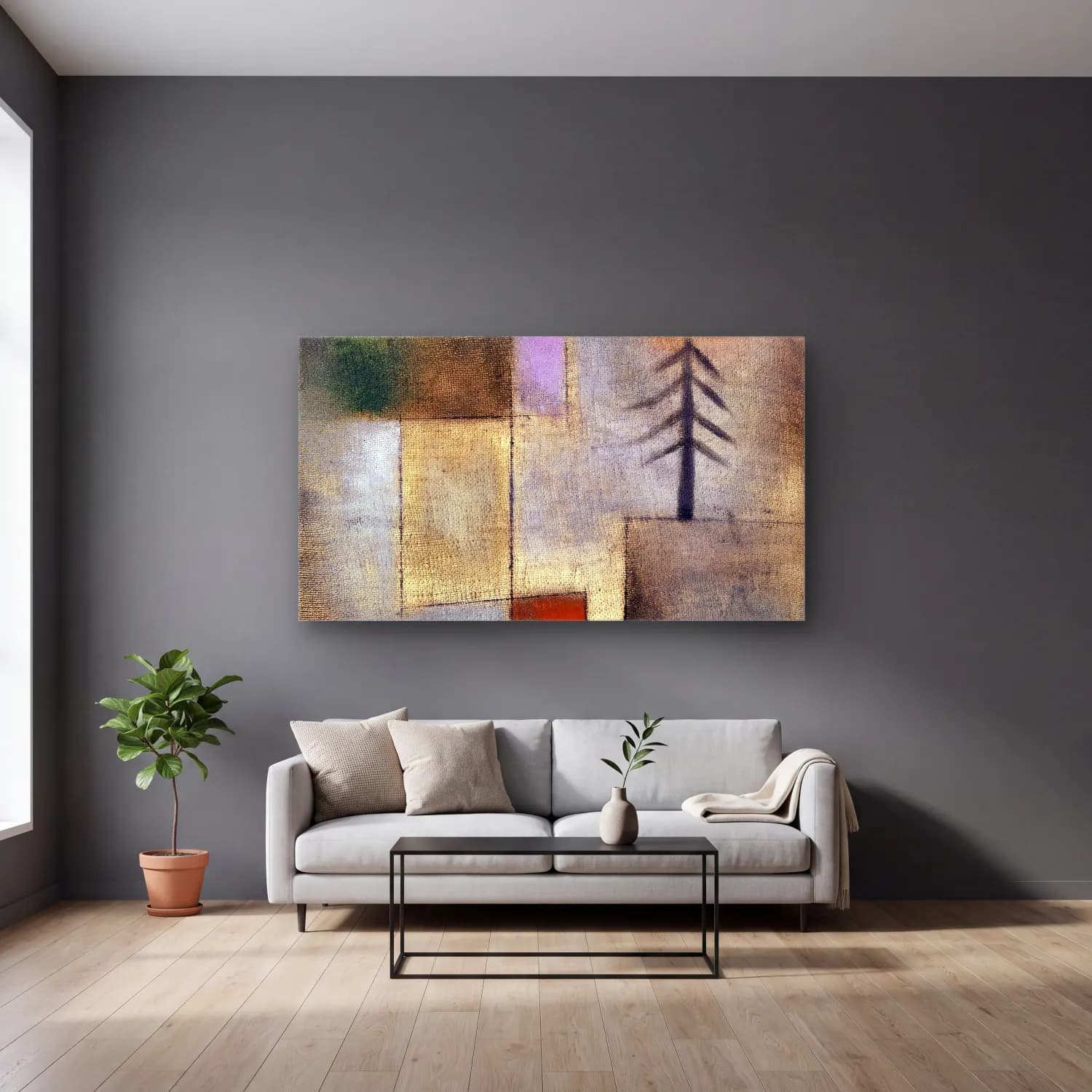 Paul Klee – Small fir picture – Bej Tonlar cam tablo — gri duvarlı salonda