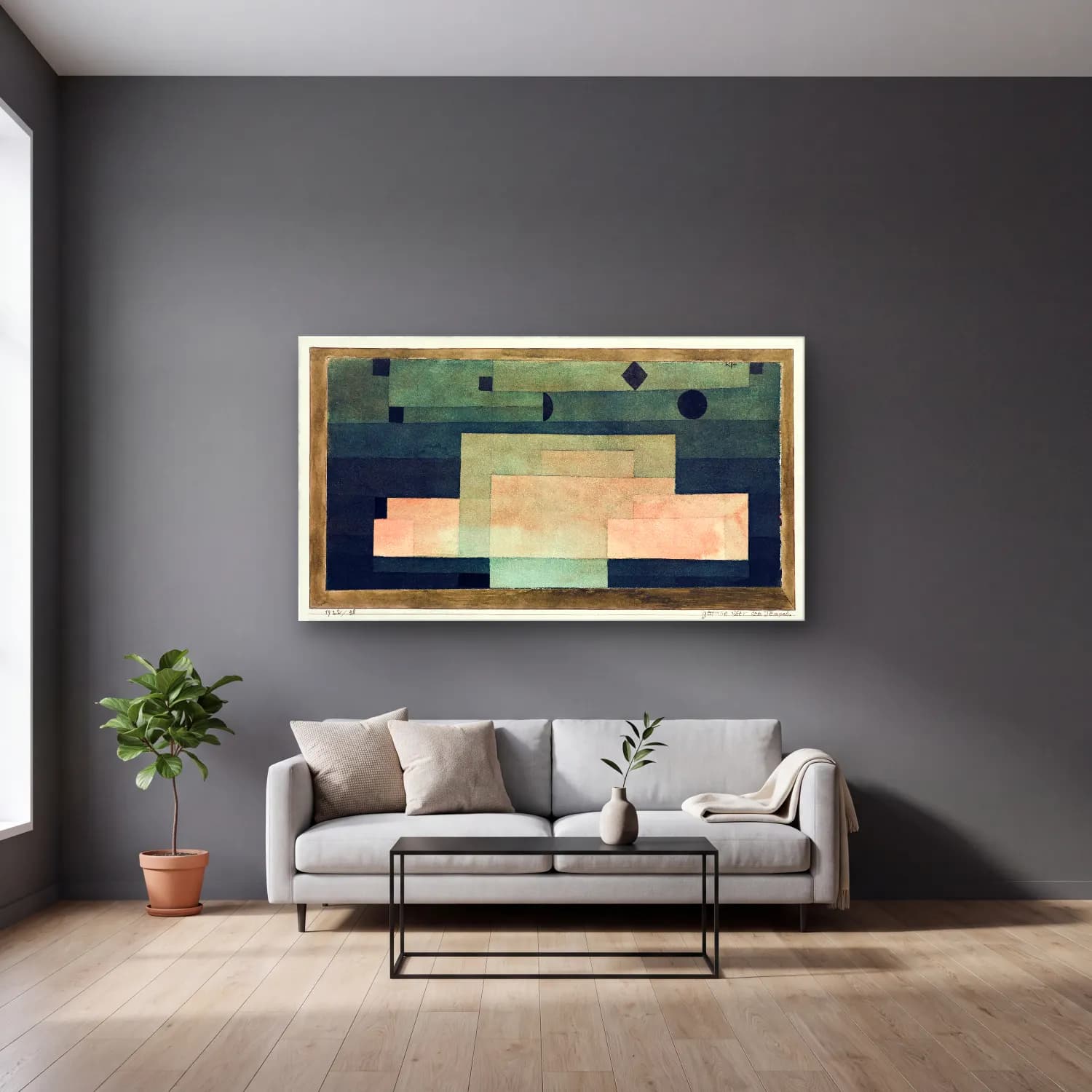 Paul Klee – The Firmament Above the Temple – Turkuaz Tonlar cam tablo — gri duvarlı salonda