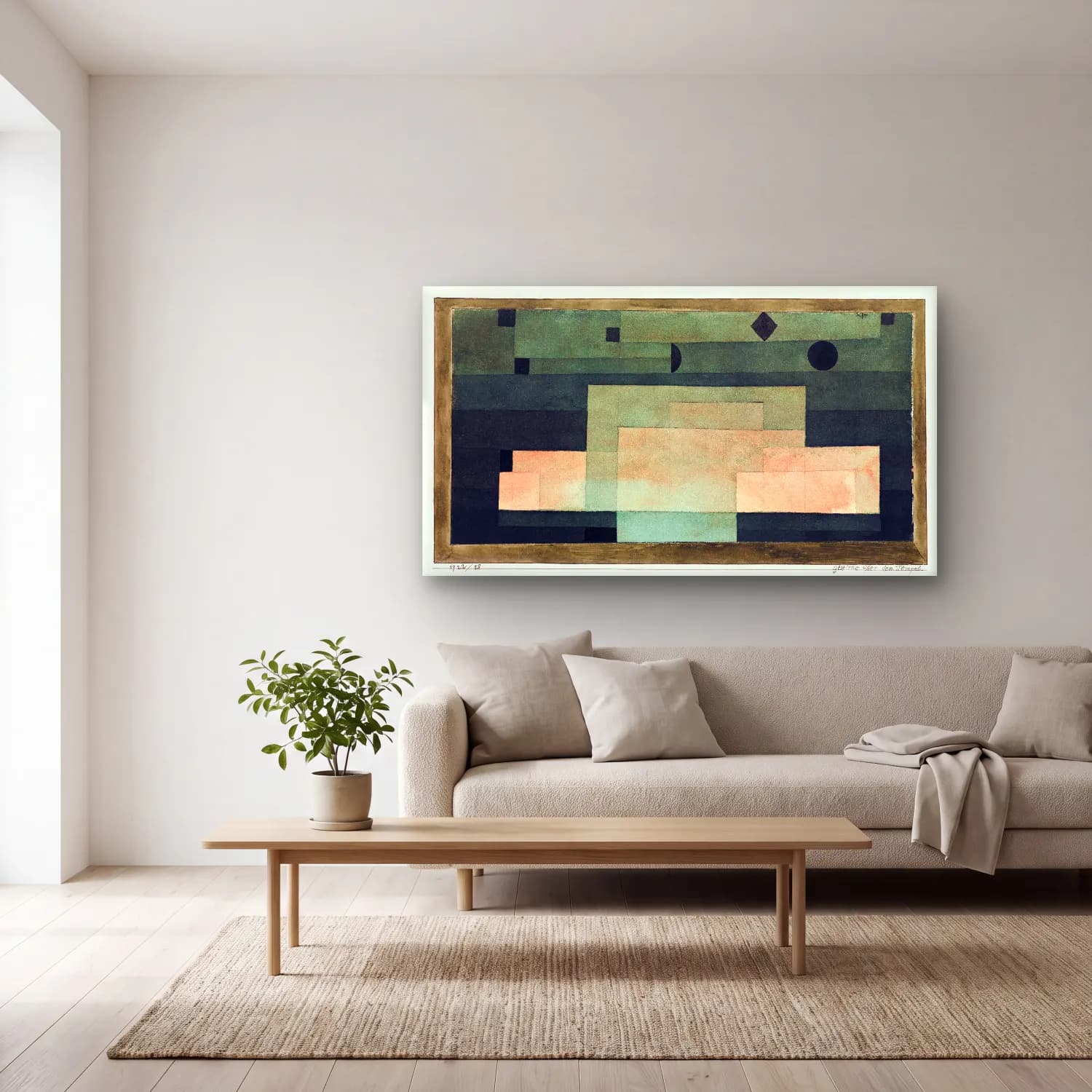 Paul Klee – The Firmament Above the Temple – Turkuaz Tonlar cam tablo — açık renk salonda