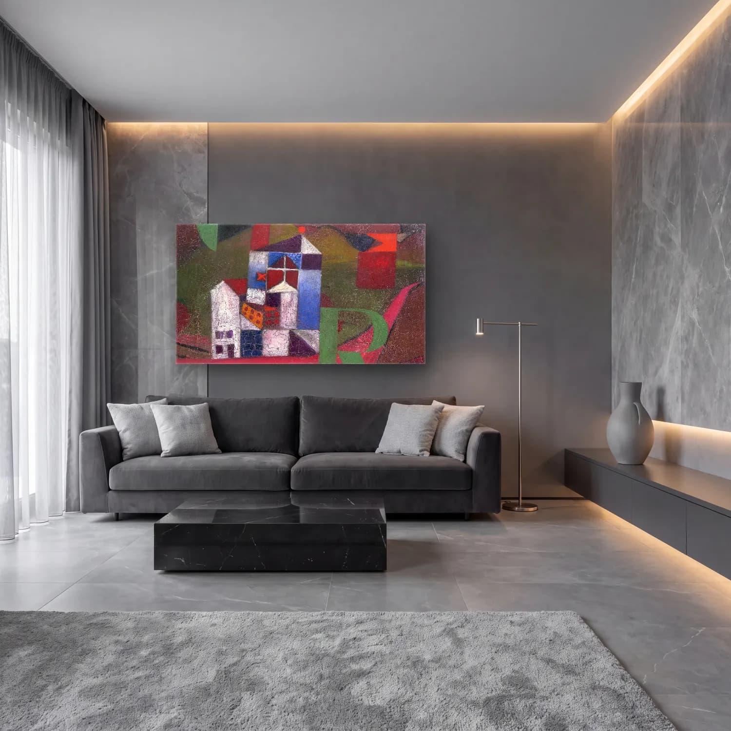 Paul Klee – Villa R – Kırmızı Tonlar cam tablo — lüks salon duvarında