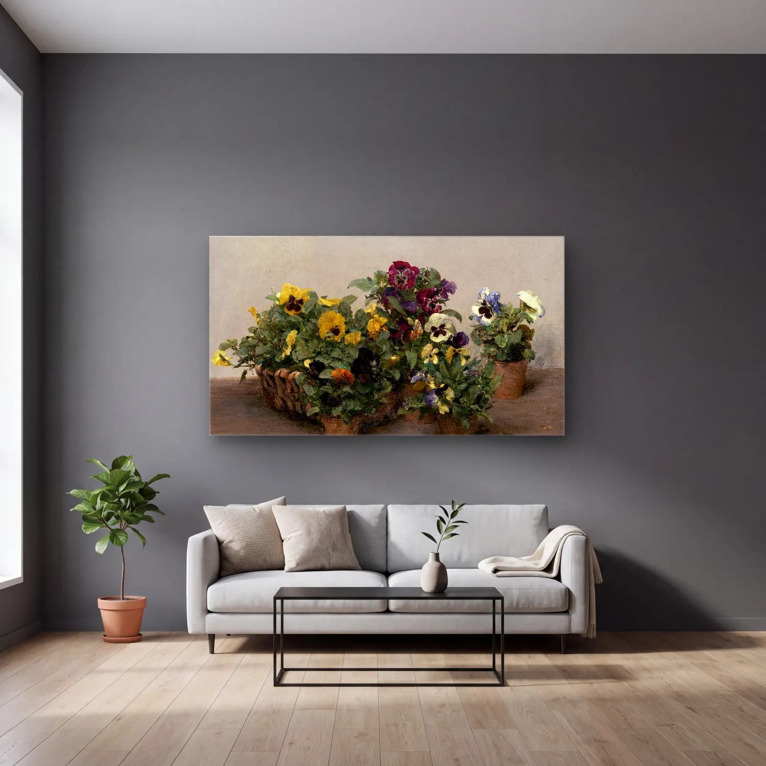 Henri Fantin-Latour – Pansies cam tablo — gri duvarlı salonda