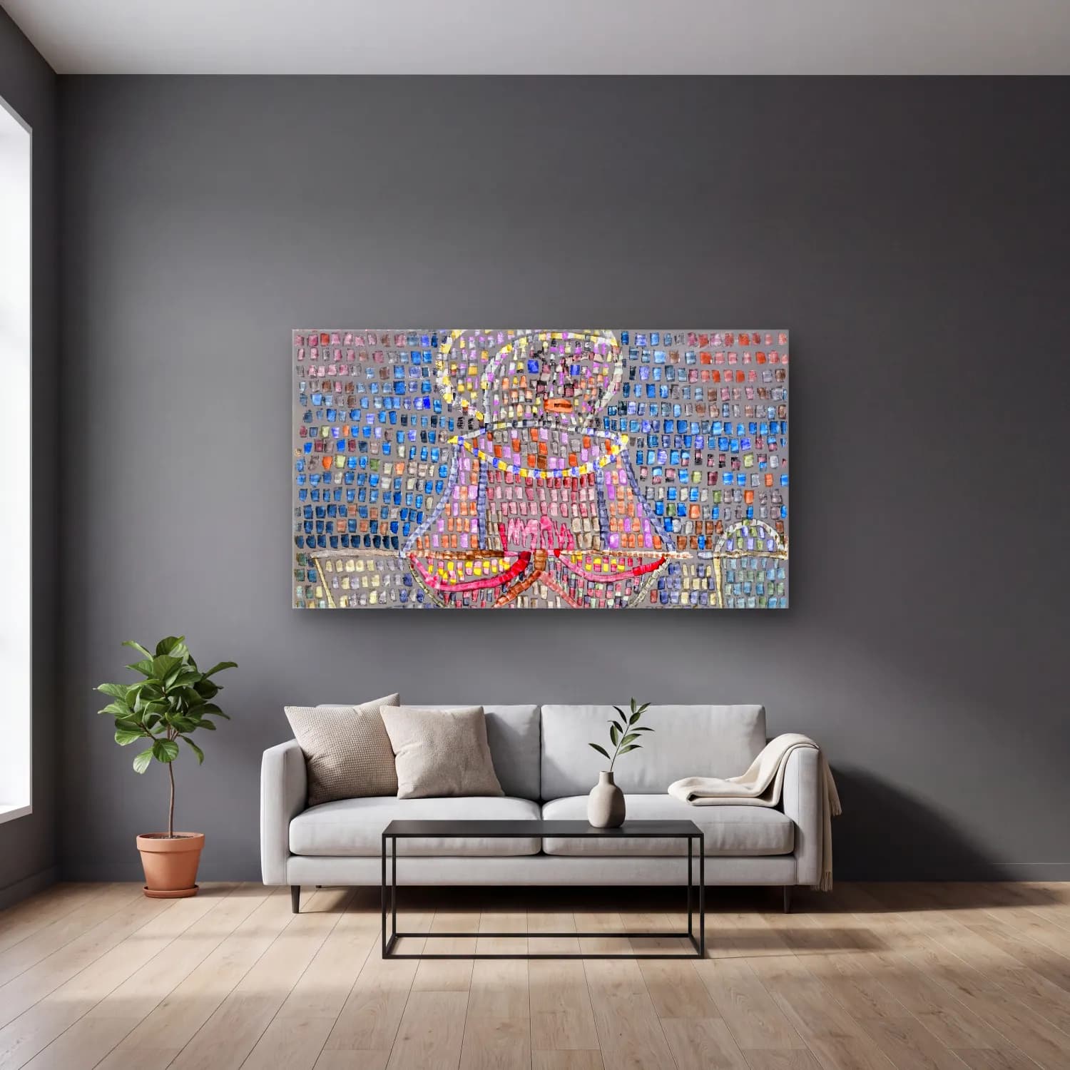 Paul Klee – oy in Fancy Dress – Pembe Tonlar cam tablo — gri duvarlı salonda