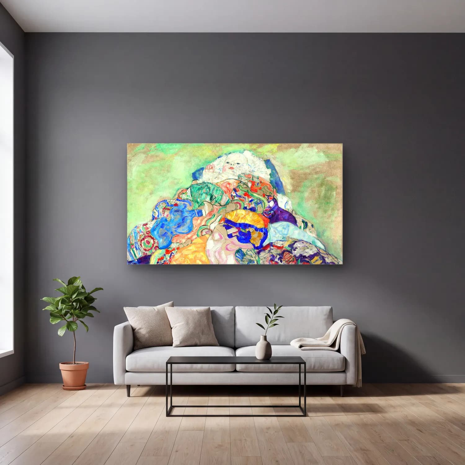Gustav Klimt – Baby (Cradle) cam tablo — gri duvarlı salonda