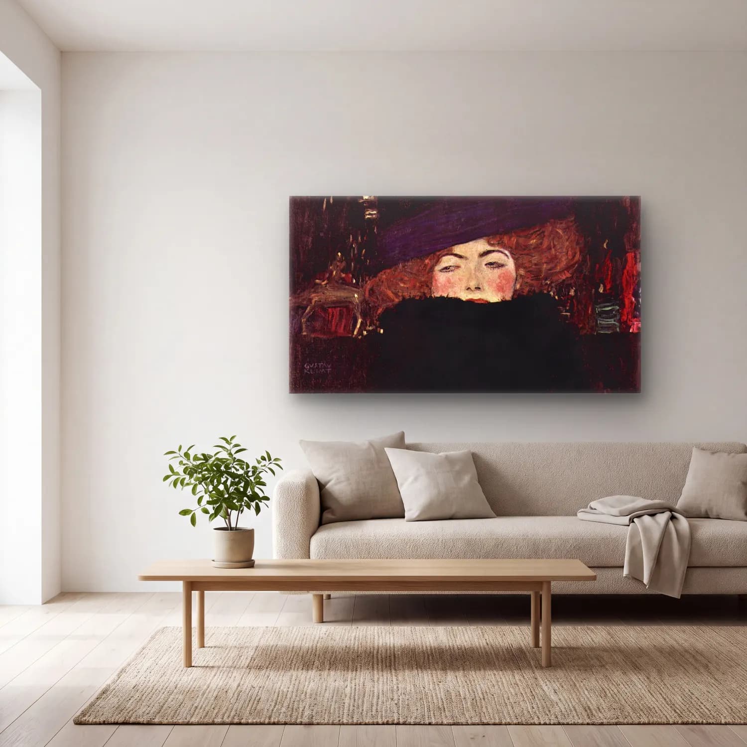 Gustav Klimt – Dame mit Hut und Federboa cam tablo — açık renk salonda