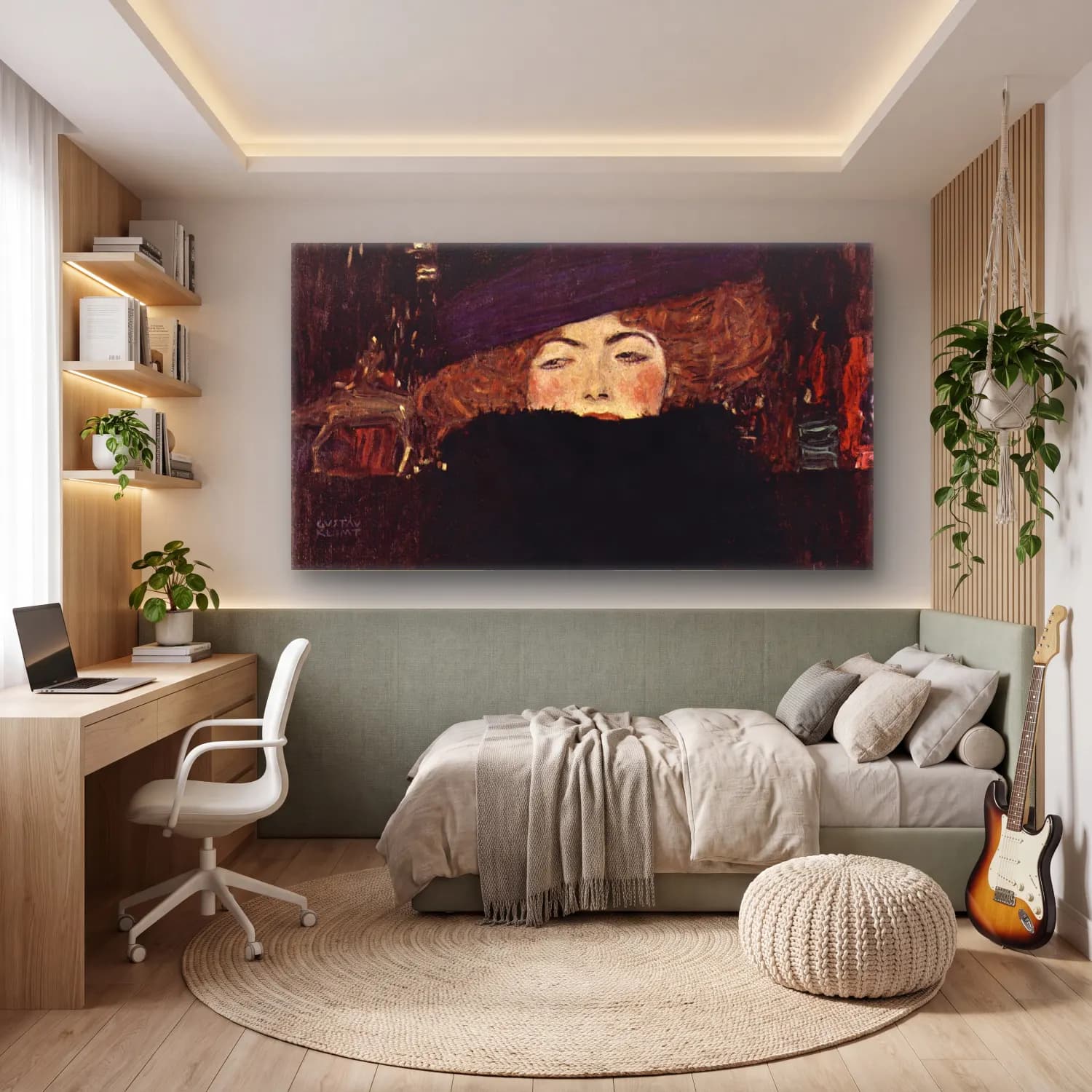 Gustav Klimt – Dame mit Hut und Federboa cam tablo — genç odasında