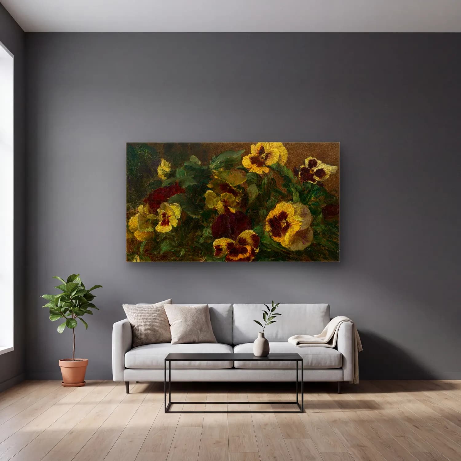 Henri Fantin-Latour – Pansies – Sarı Tonlar cam tablo — gri duvarlı salonda