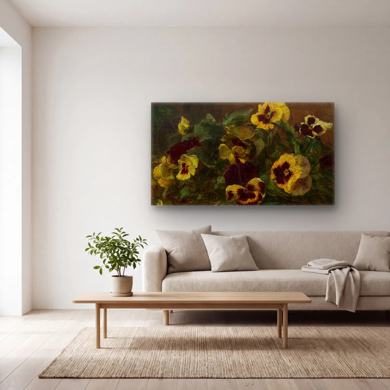 Henri Fantin-Latour – Pansies – Sarı Tonlar cam tablo — açık renk salonda