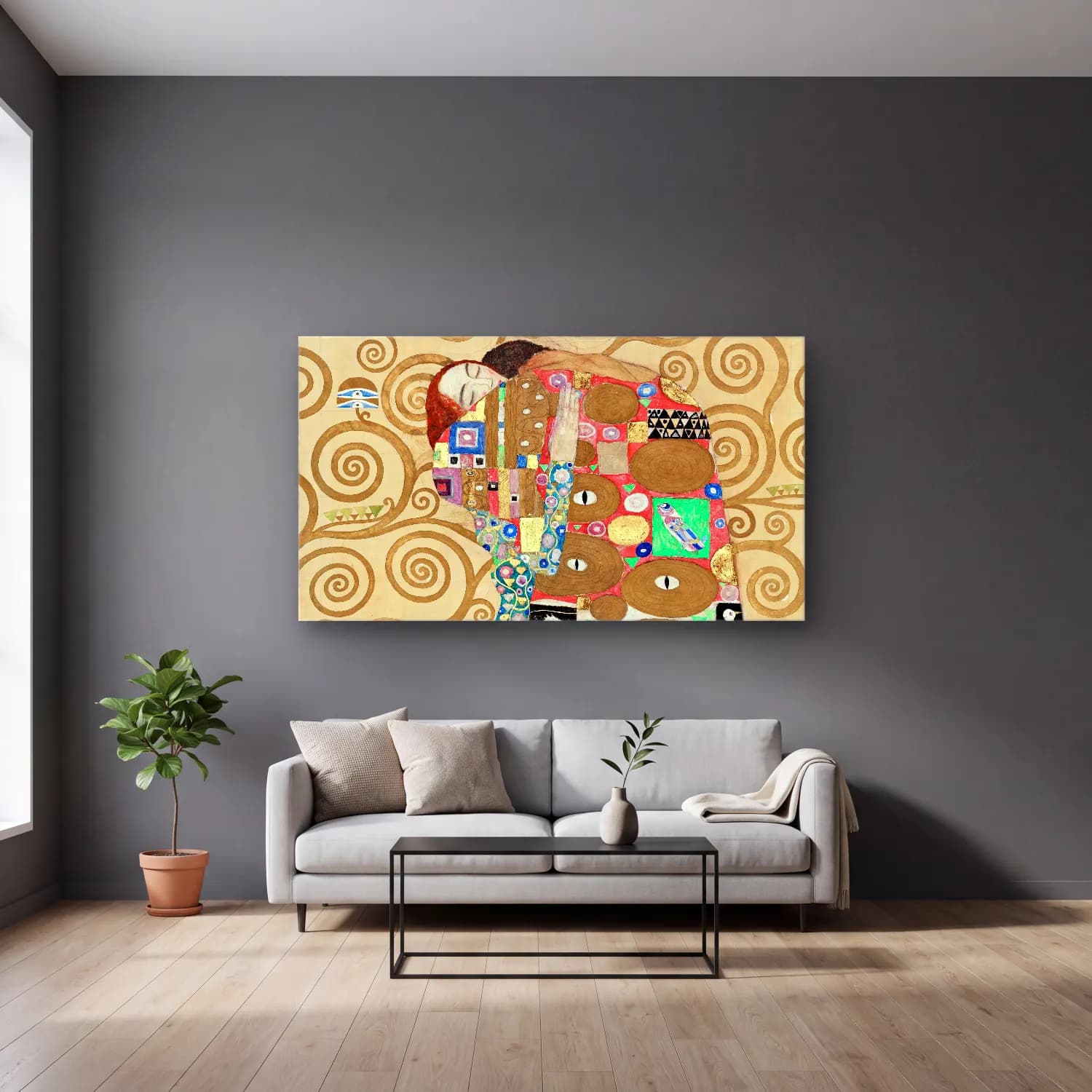 Gustav Klimt – Fulfillment cam tablo — gri duvarlı salonda