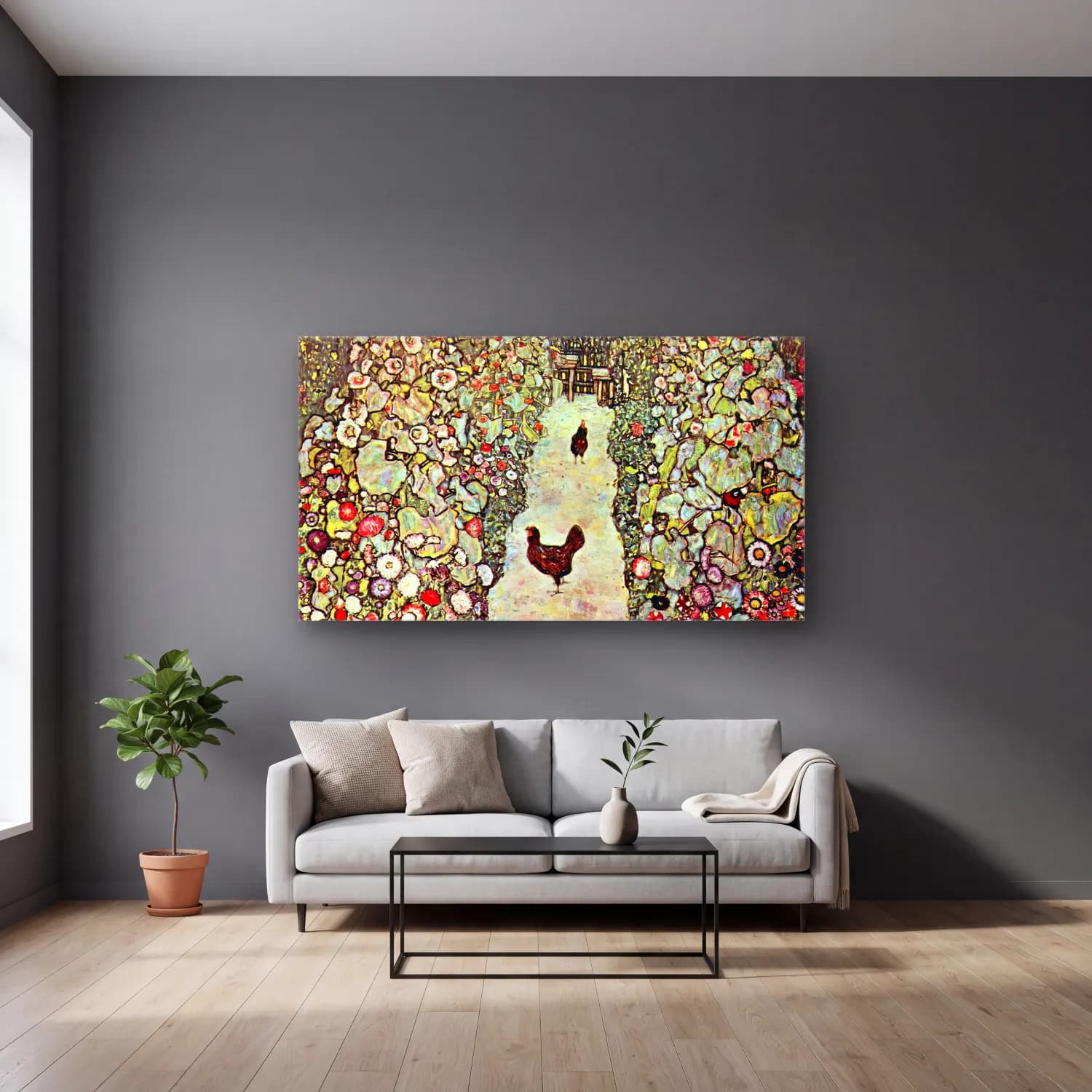Gustav Klimt – Garden Path with Chickens cam tablo — gri duvarlı salonda