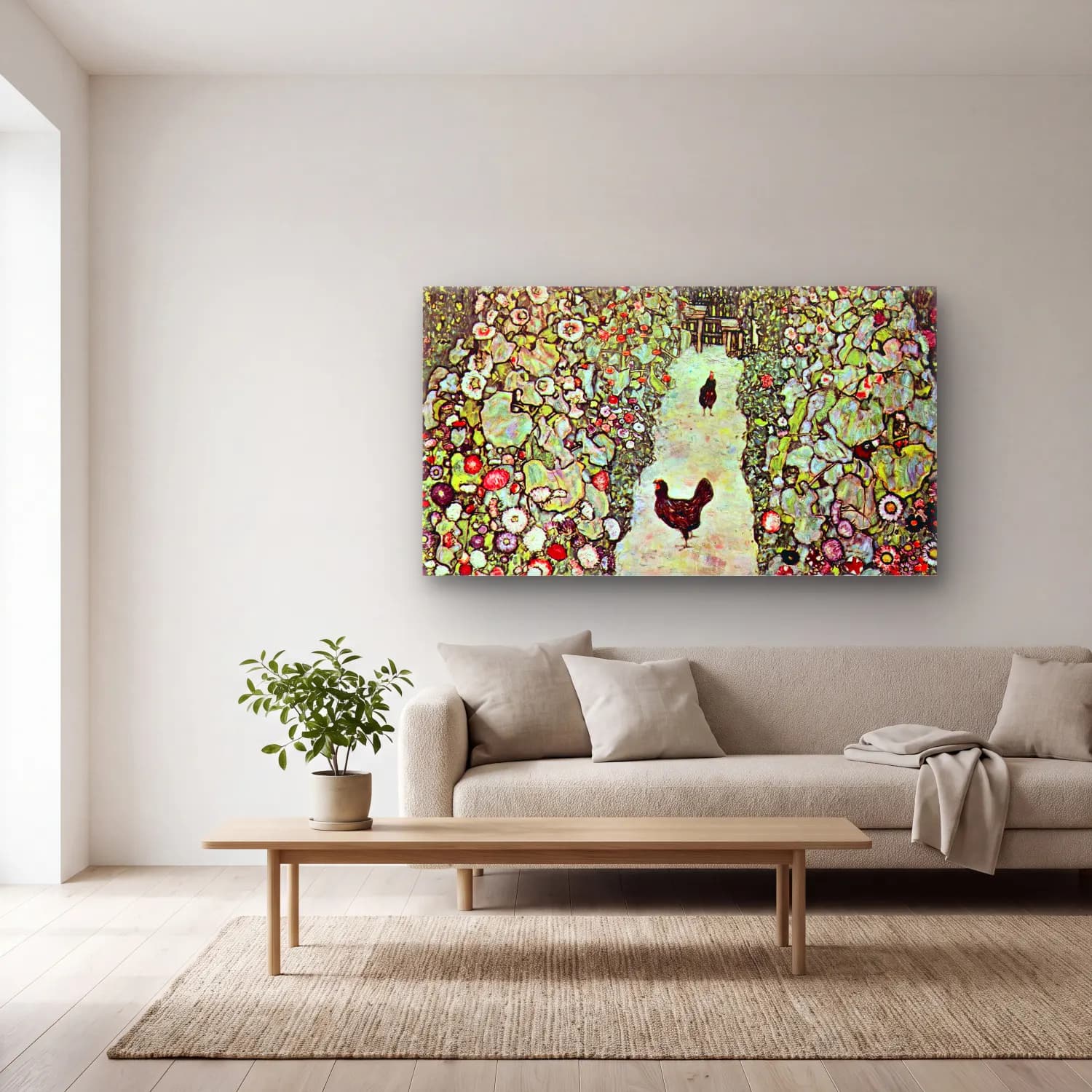 Gustav Klimt – Garden Path with Chickens cam tablo — açık renk salonda