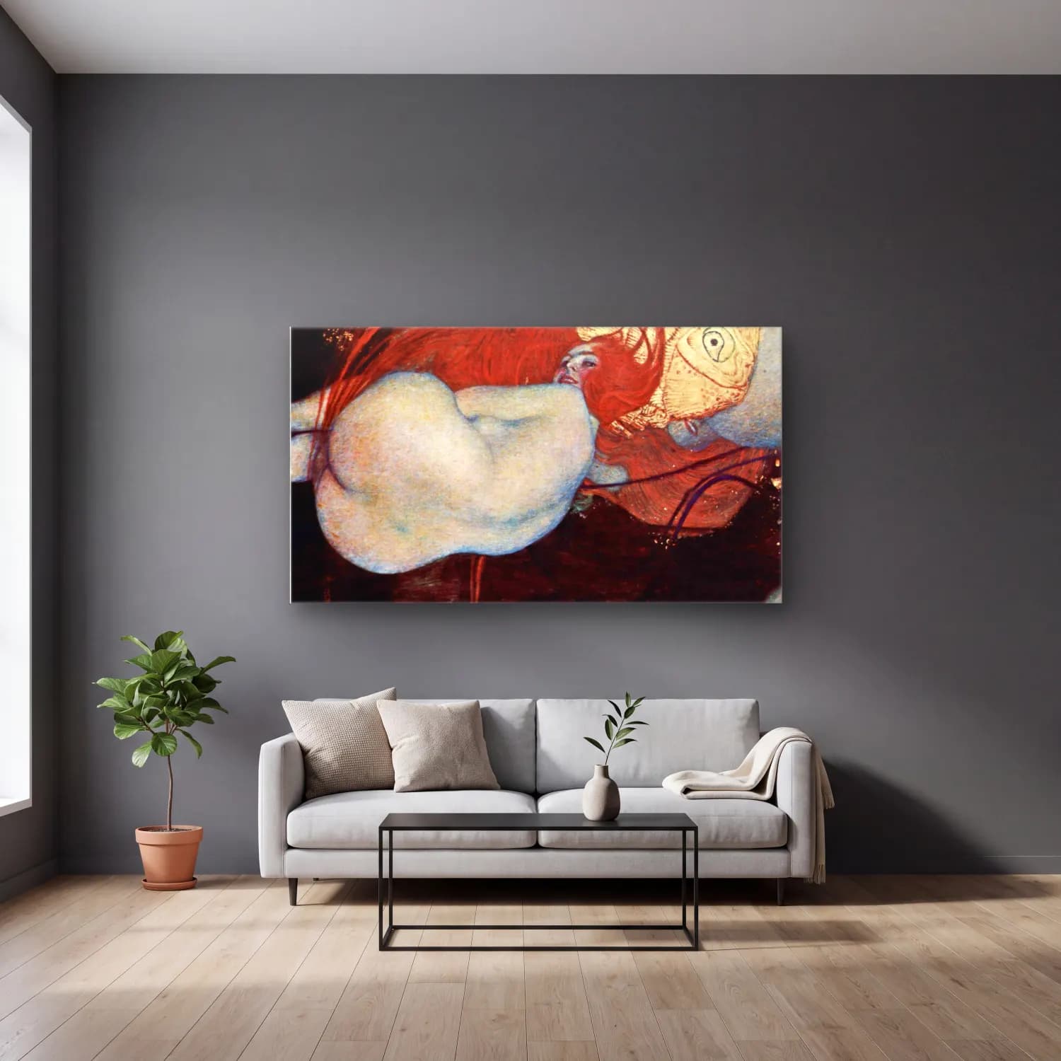 Gustav Klimt – Goldfish cam tablo — gri duvarlı salonda