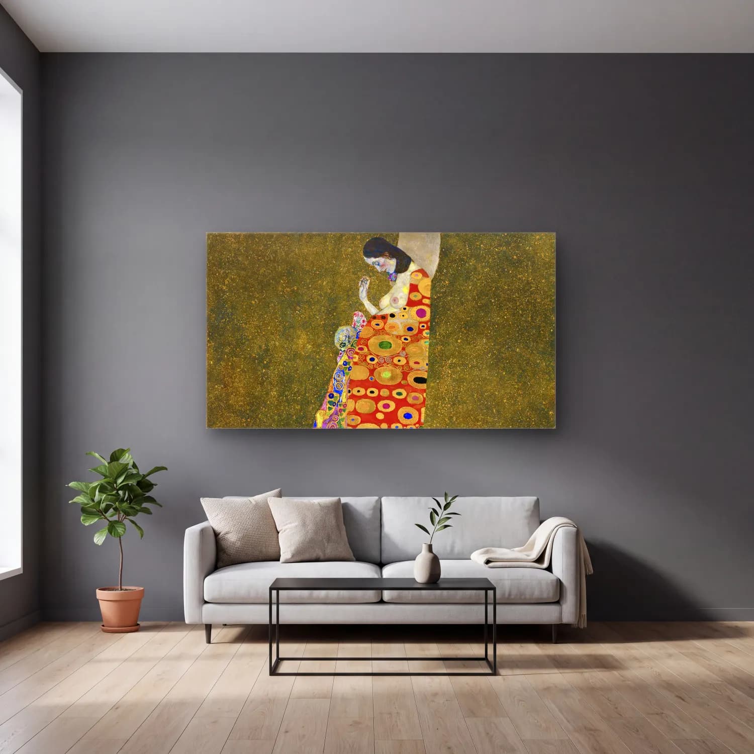 Gustav Klimt – Hope II cam tablo — gri duvarlı salonda