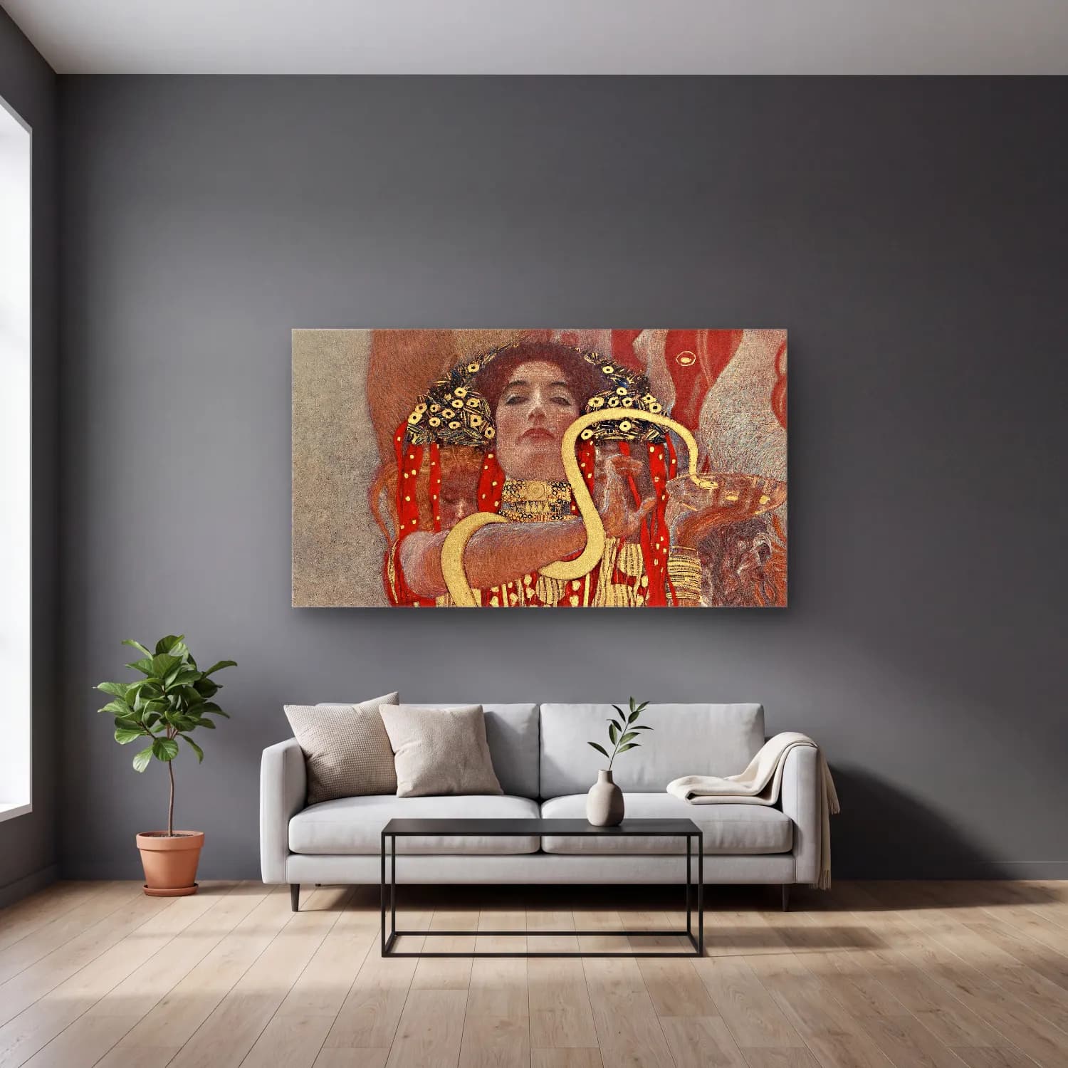 Gustav Klimt – Hygieia cam tablo — gri duvarlı salonda