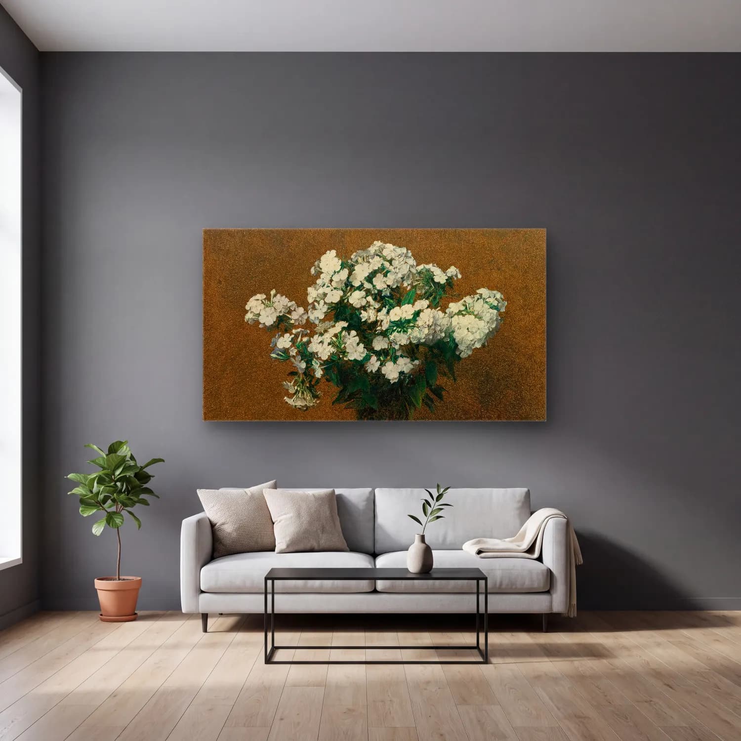 Henri Fantin-Latour – Phlox Blancs Dans Un Vase cam tablo — gri duvarlı salonda