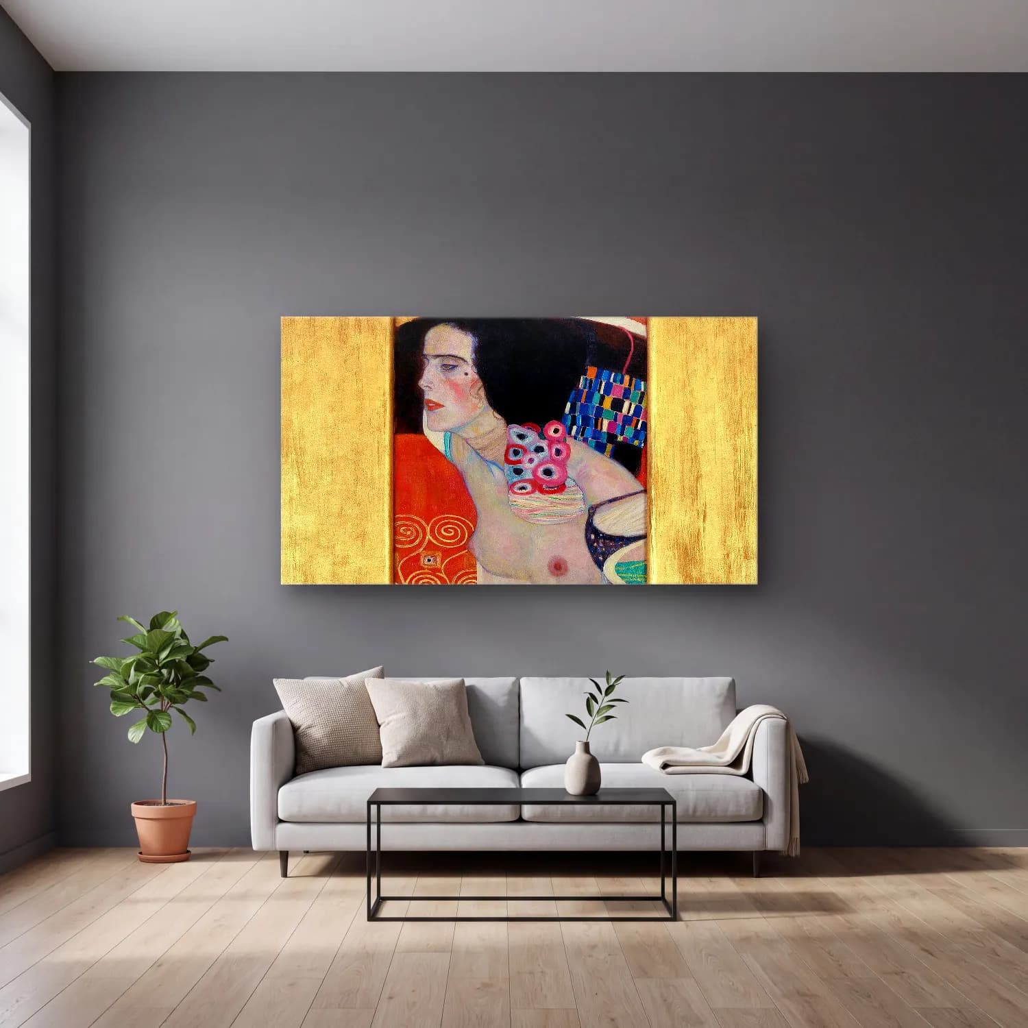 Gustav Klimt – Judith II cam tablo — gri duvarlı salonda