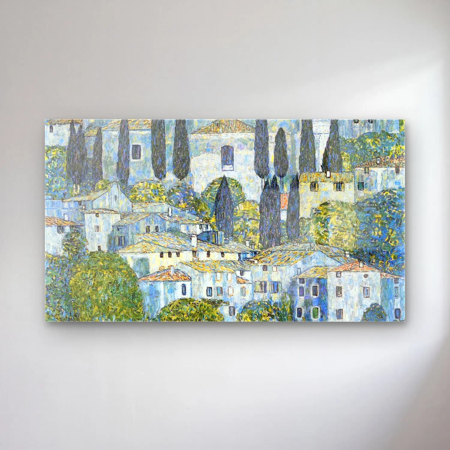 Gustav Klimt – Kirche in Cassone cam tablo — Gustav Klimt – Kirche in Cassone — empresyonist akdeniz sahil kasabası