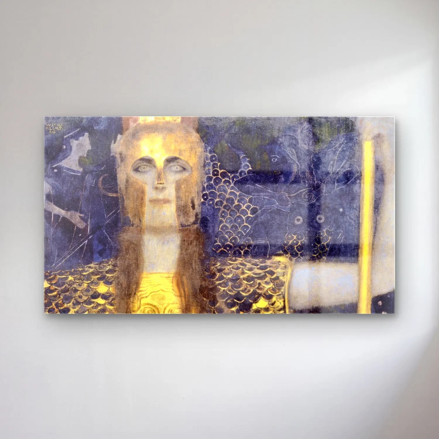 Gustav Klimt – Pallas Athena cam tablo — Gustav Klimt – Pallas Athena — modern soyut mitolojik sahne