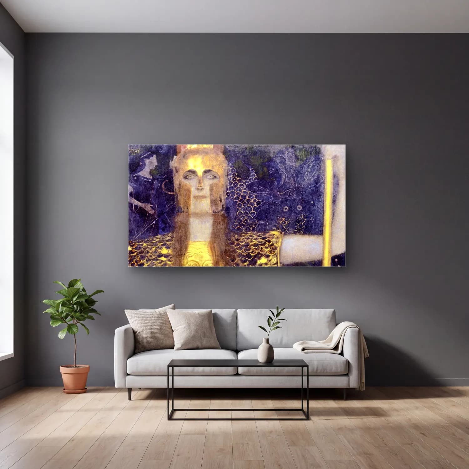 Gustav Klimt – Pallas Athena cam tablo — gri duvarlı salonda
