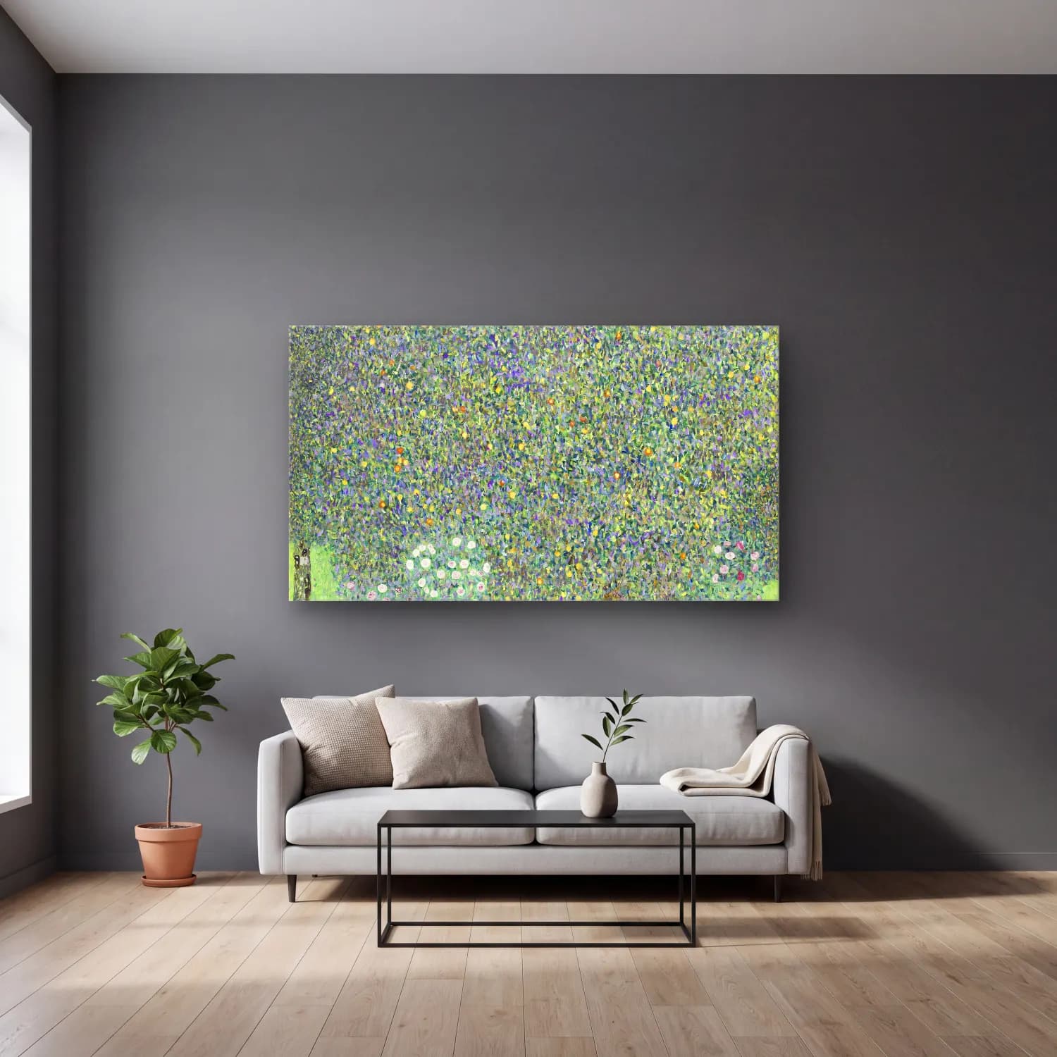 Gustav Klimt – Pear Tree cam tablo — gri duvarlı salonda