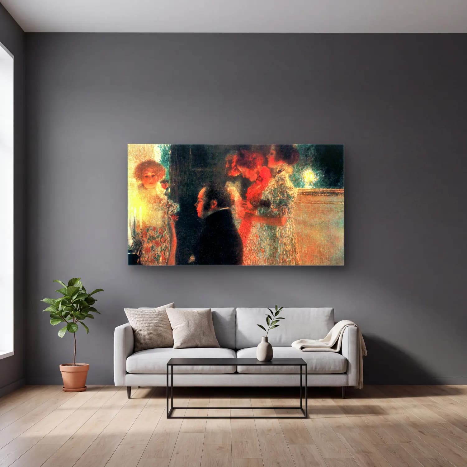 Gustav Klimt – Schubert at the Piano II cam tablo — gri duvarlı salonda