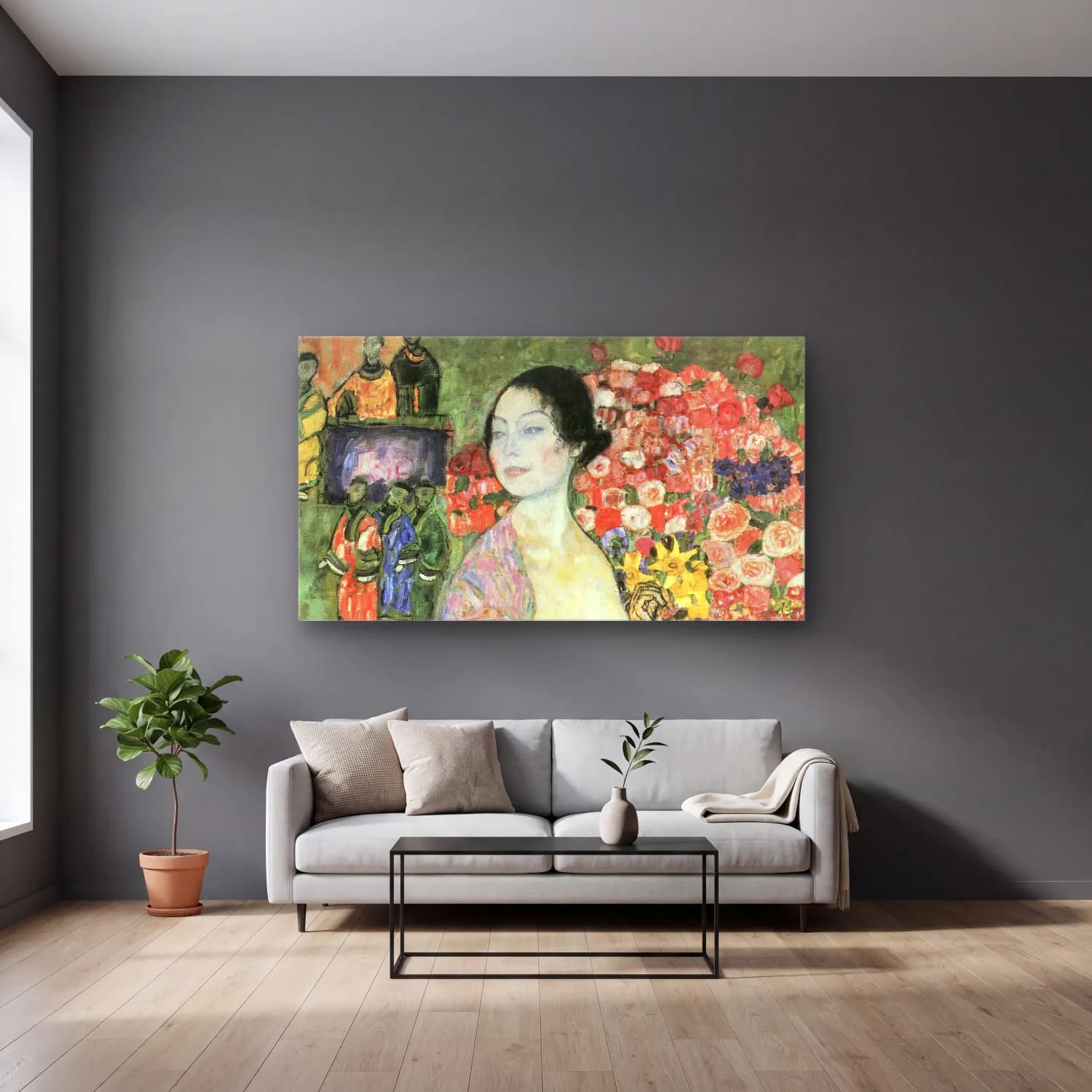 Gustav Klimt – The Dancer cam tablo — gri duvarlı salonda