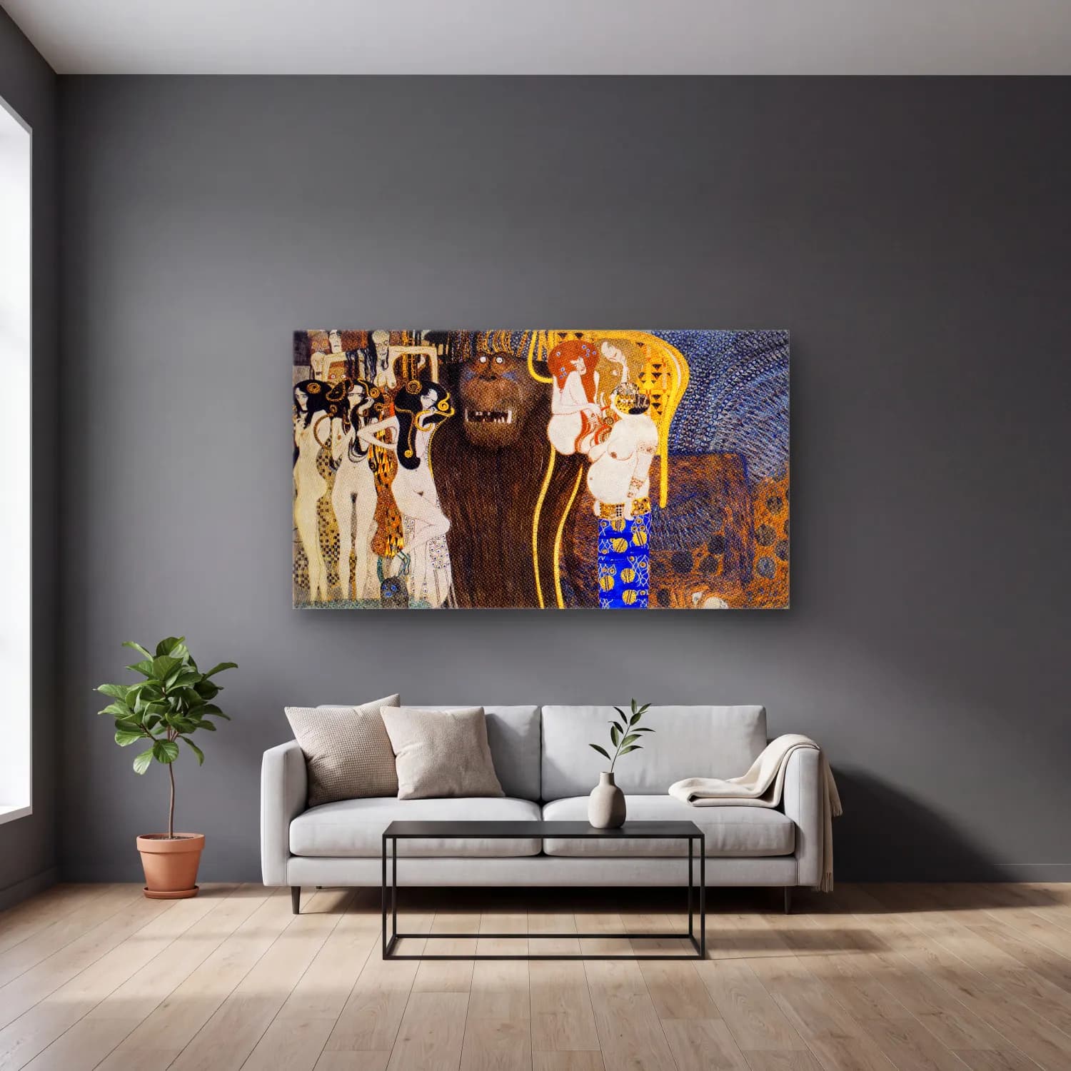 Gustav Klimt – The Hostile Powers cam tablo — gri duvarlı salonda