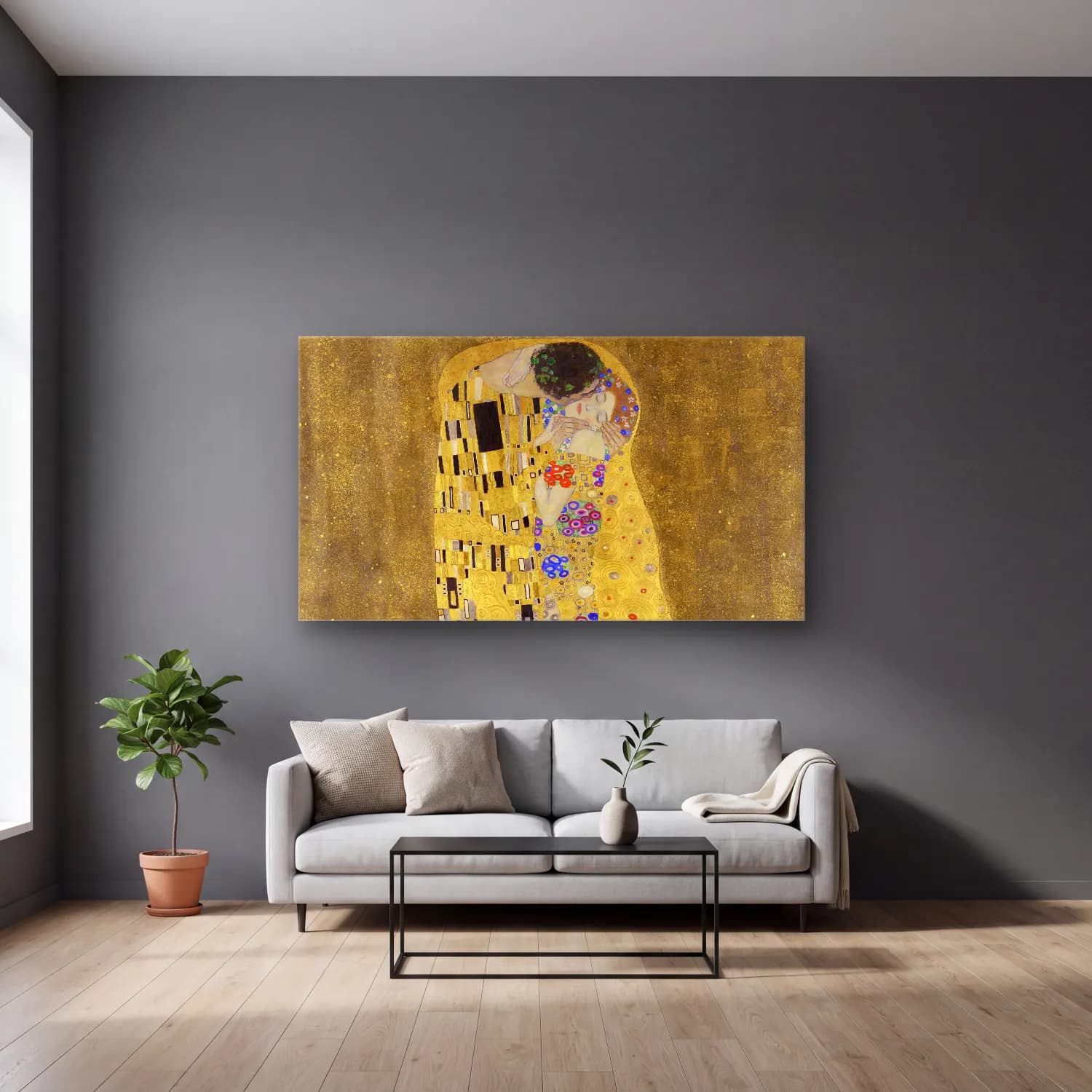 Gustav Klimt – The Kiss cam tablo — gri duvarlı salonda