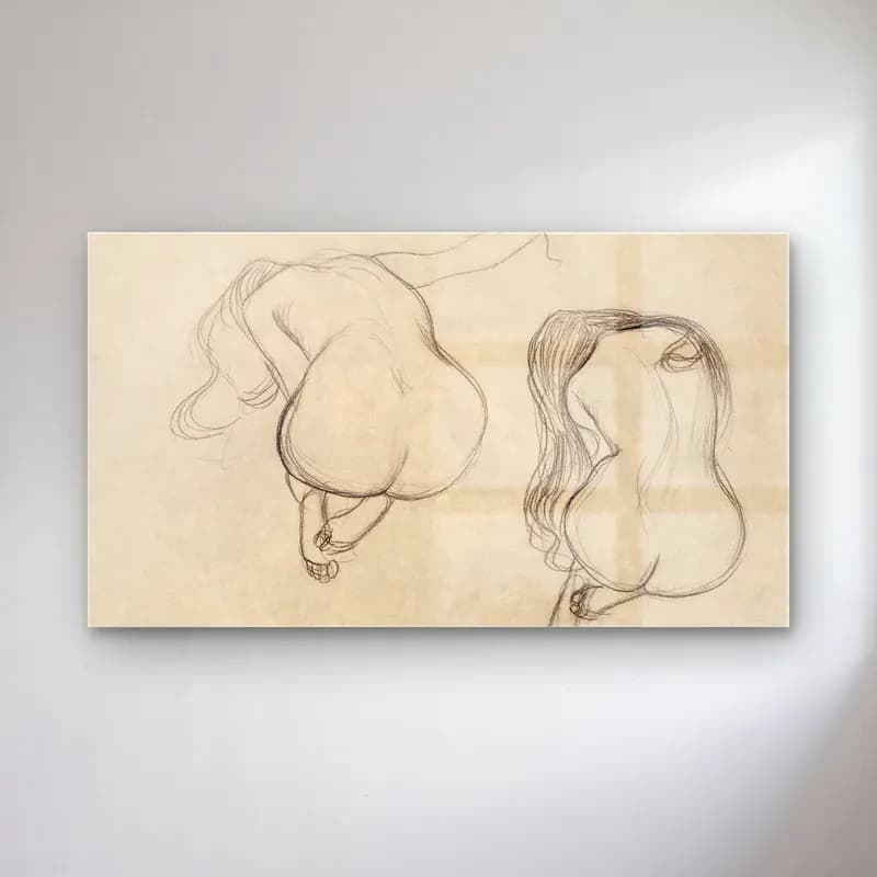 Gustav Klimt – Two Studies of a Seated Nude with Long Hair cam tablo — Gustav Klimt – Two Studies of a Seated Nude with Long Hair — karakalem figür çalışması