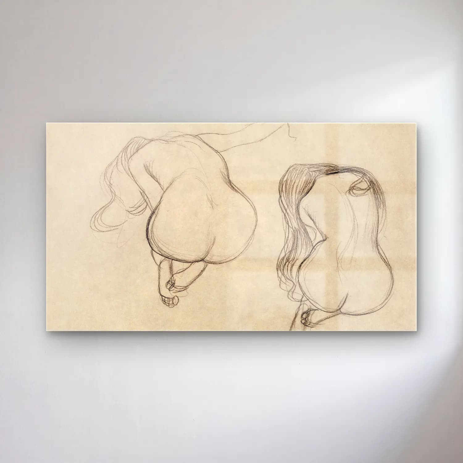 Gustav Klimt – Two Studies of a Seated Nude with Long Hair cam tablo — Gustav Klimt – Two Studies of a Seated Nude with Long Hair — karakalem figür çalışması