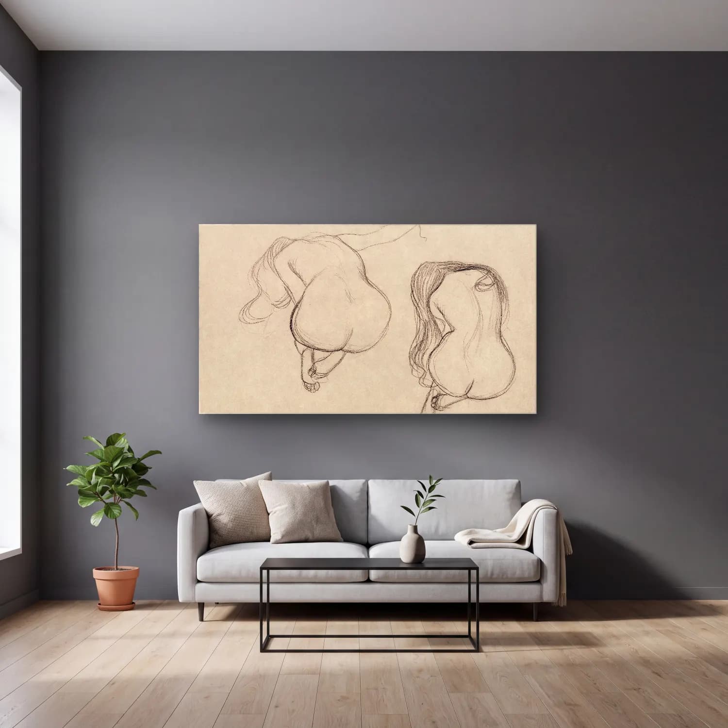 Gustav Klimt – Two Studies of a Seated Nude with Long Hair cam tablo — gri duvarlı salonda