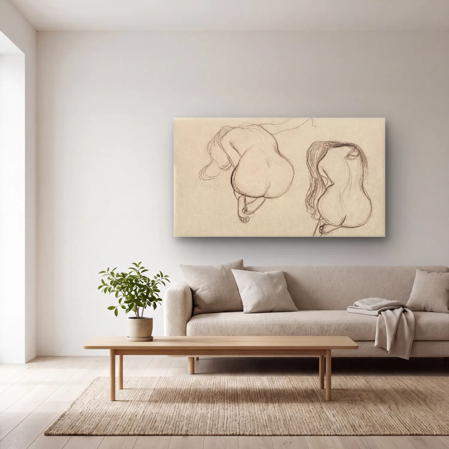 Gustav Klimt – Two Studies of a Seated Nude with Long Hair cam tablo — açık renk salonda