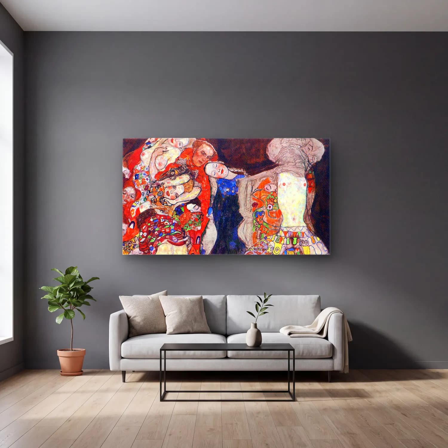 Gustav Klimt – adorn the bride with veil and wreath cam tablo — gri duvarlı salonda
