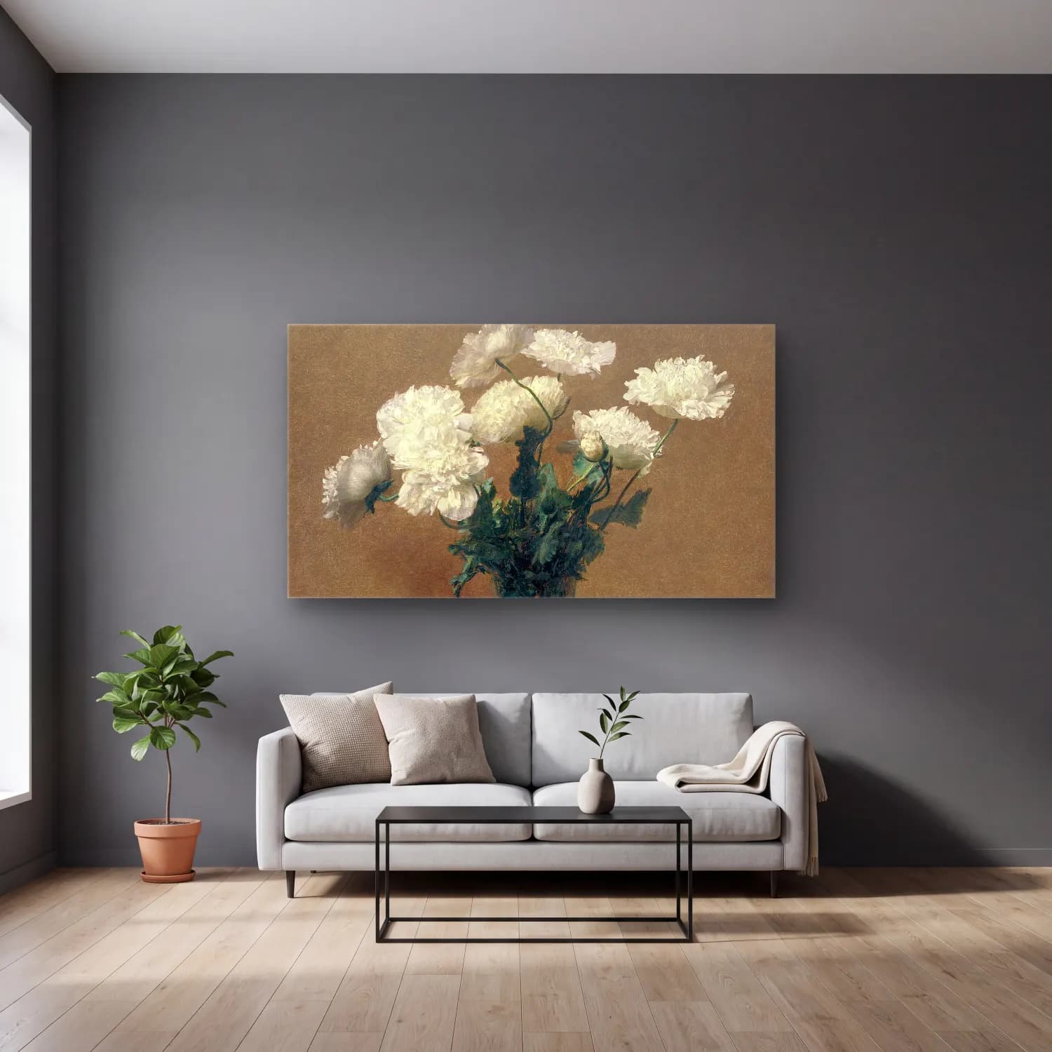 Henri Fantin-Latour – Poppies cam tablo — gri duvarlı salonda