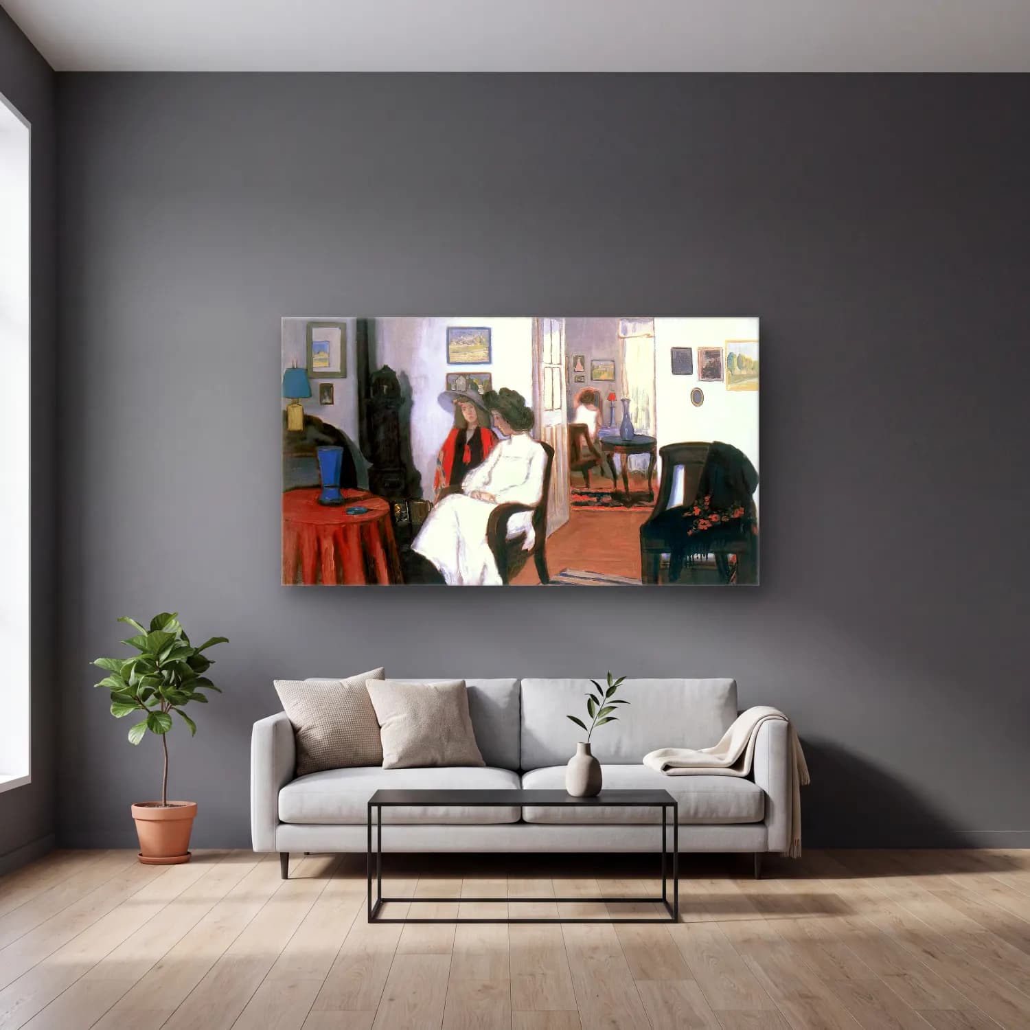 József Rippl-rónai – White Wall, Brown Furniture cam tablo — gri duvarlı salonda