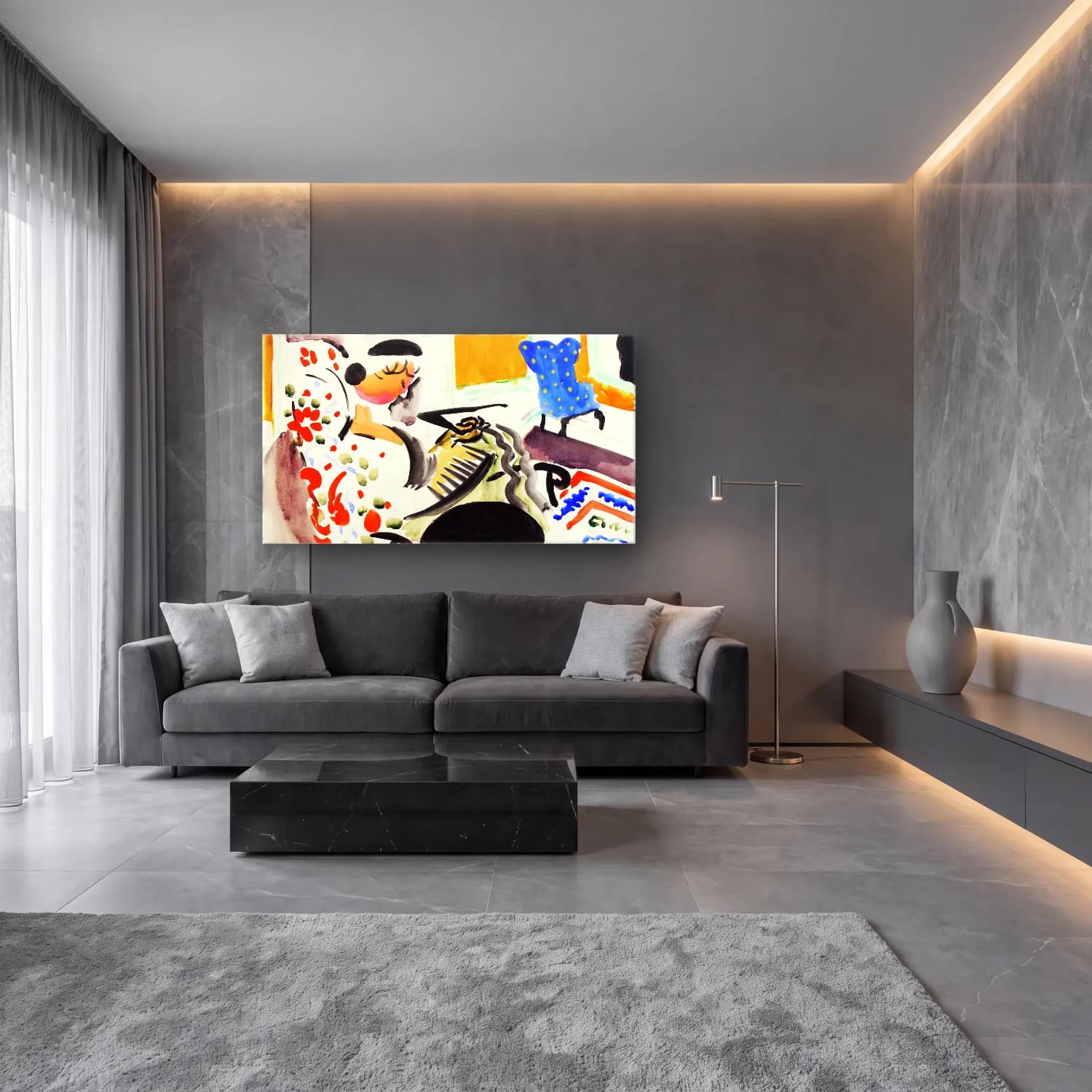 Henry Lyman Saÿen – Calligraphic Interior cam tablo — lüks salon duvarında