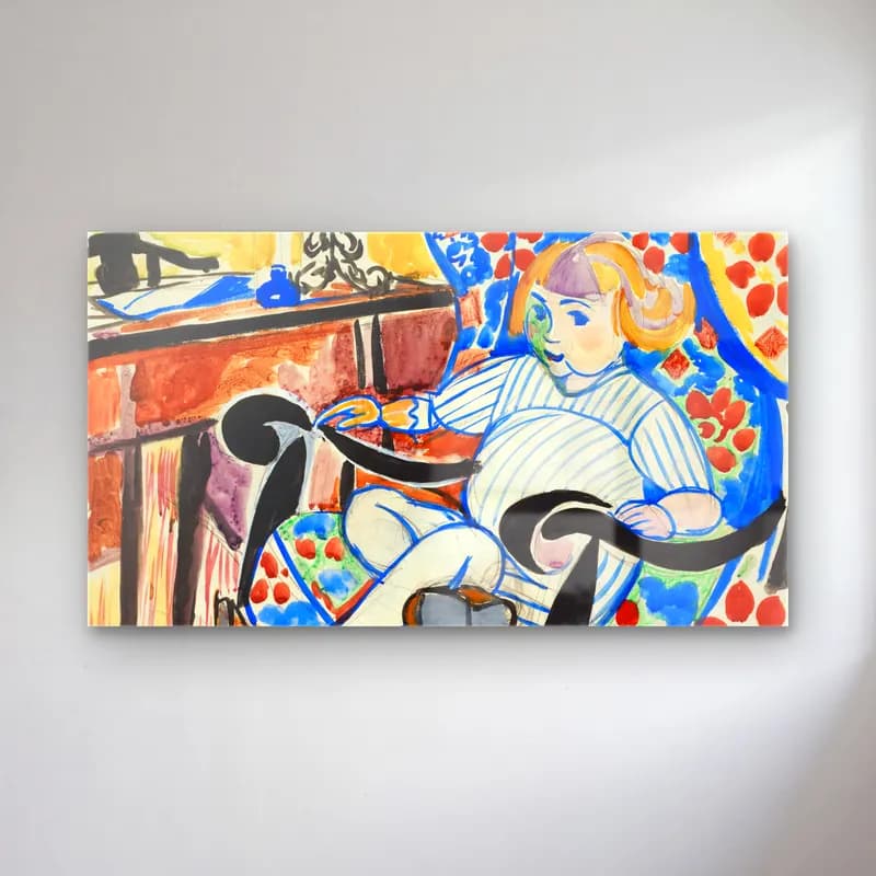 Henry Lyman Saÿen – Gouache cam tablo — Henry Lyman Saÿen – Gouache — modern soyut kitap okuyan kadın