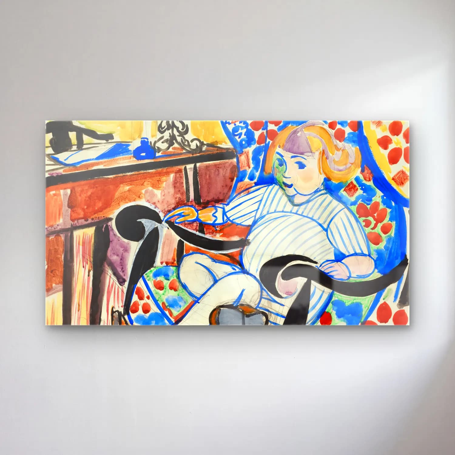Henry Lyman Saÿen – Gouache cam tablo — Henry Lyman Saÿen – Gouache — modern soyut kitap okuyan kadın