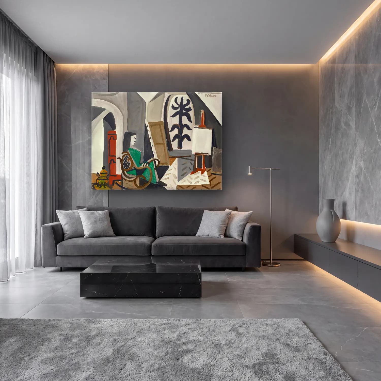 Modern Soyut Kitap Okuyan Kadın No. 5 cam tablo — lüks salon duvarında