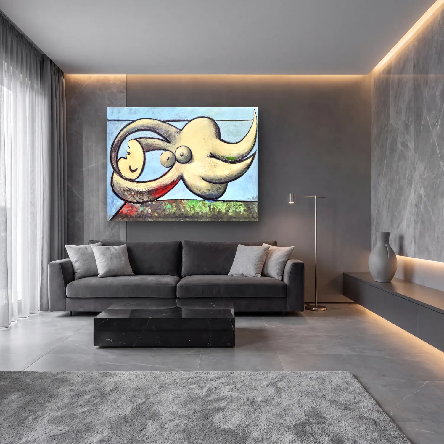 Modern Soyut Figür Çalışması No. 5 cam tablo — lüks salon duvarında
