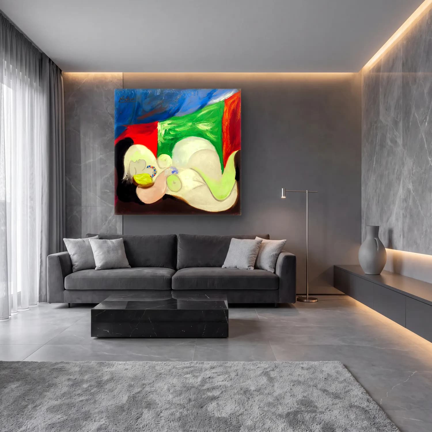 Modern Soyut Figür Çalışması – Yeşil Tonlar cam tablo — lüks salon duvarında