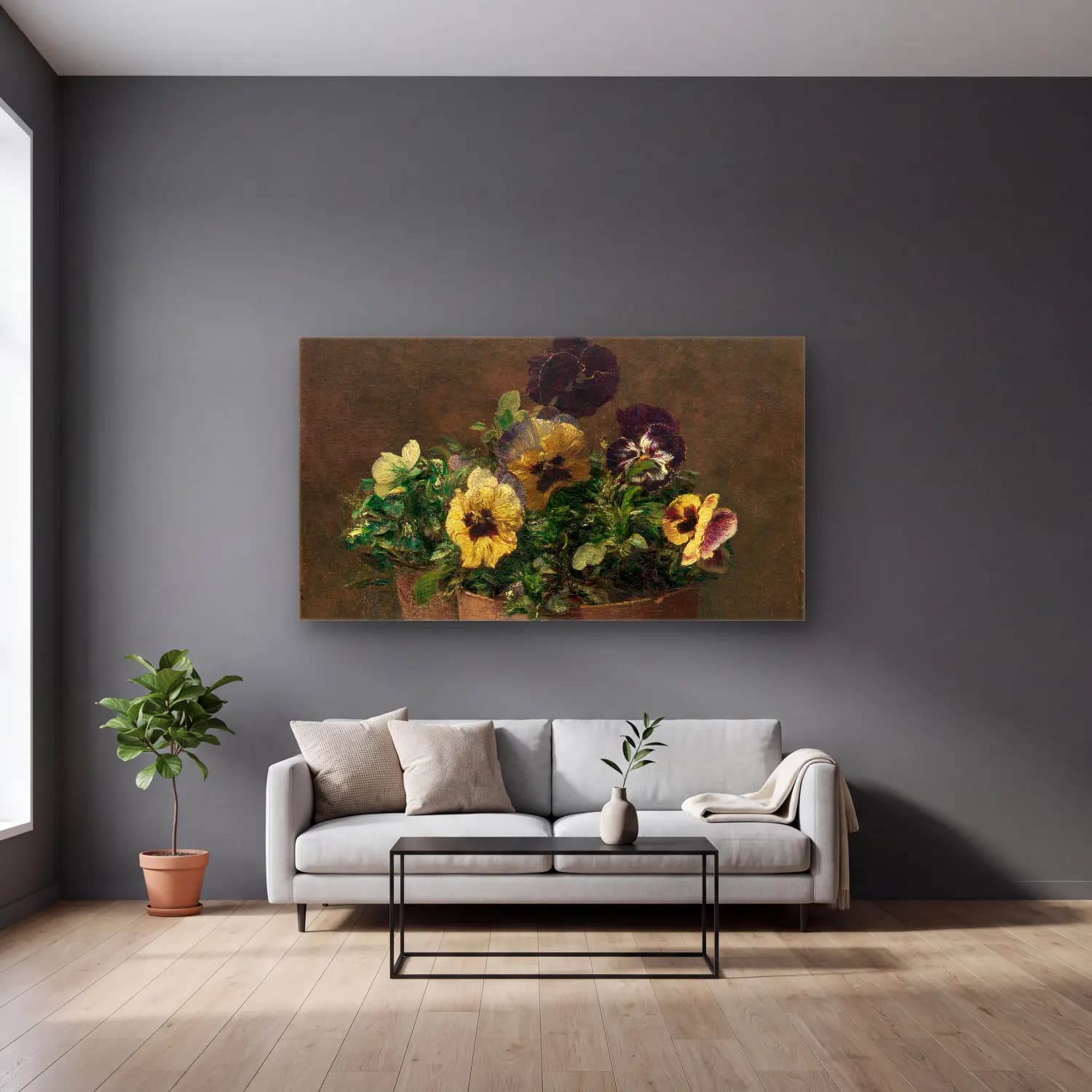 Henri Fantin-Latour – Potted Pansies cam tablo — gri duvarlı salonda