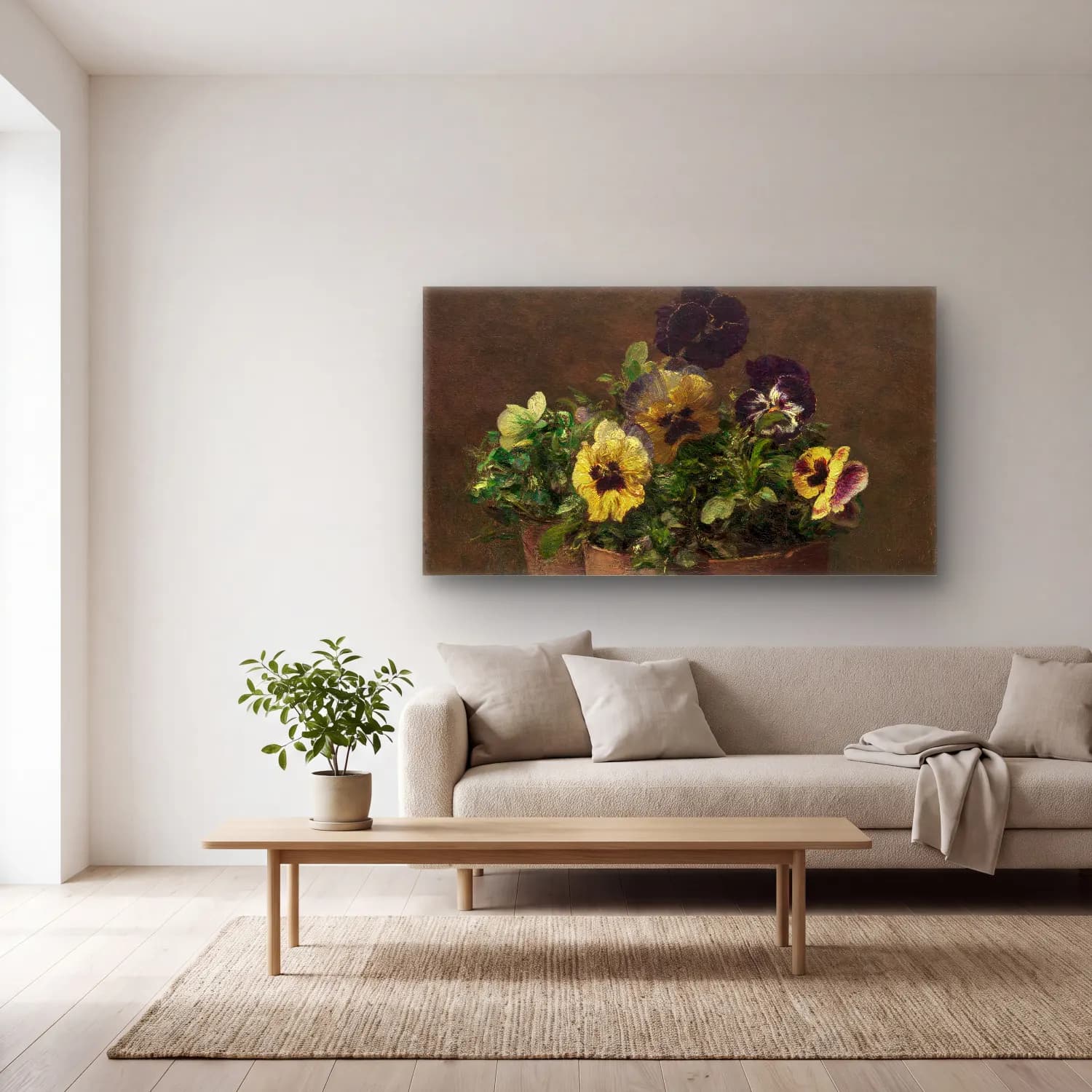 Henri Fantin-Latour – Potted Pansies cam tablo — açık renk salonda