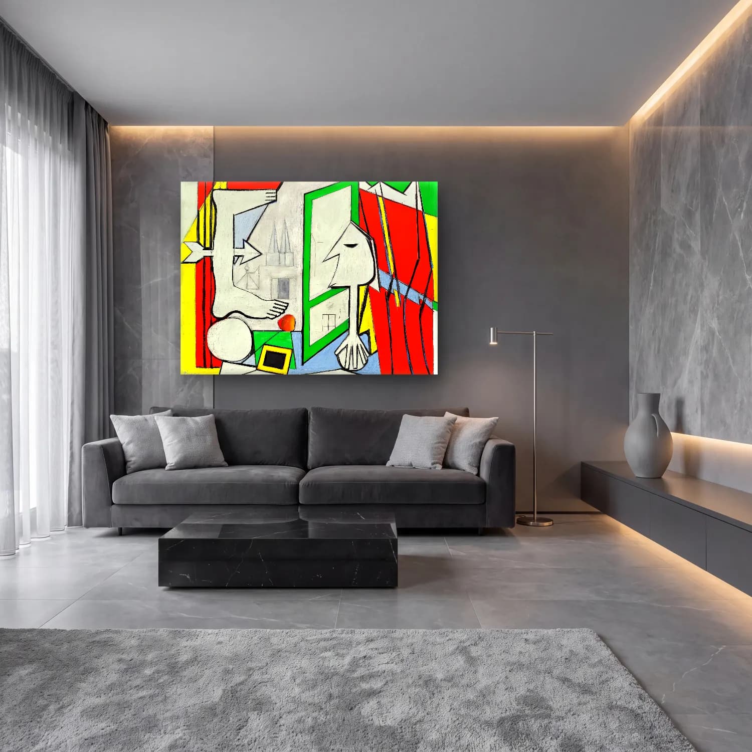Modern Soyut Yüz No. 14 cam tablo — lüks salon duvarında