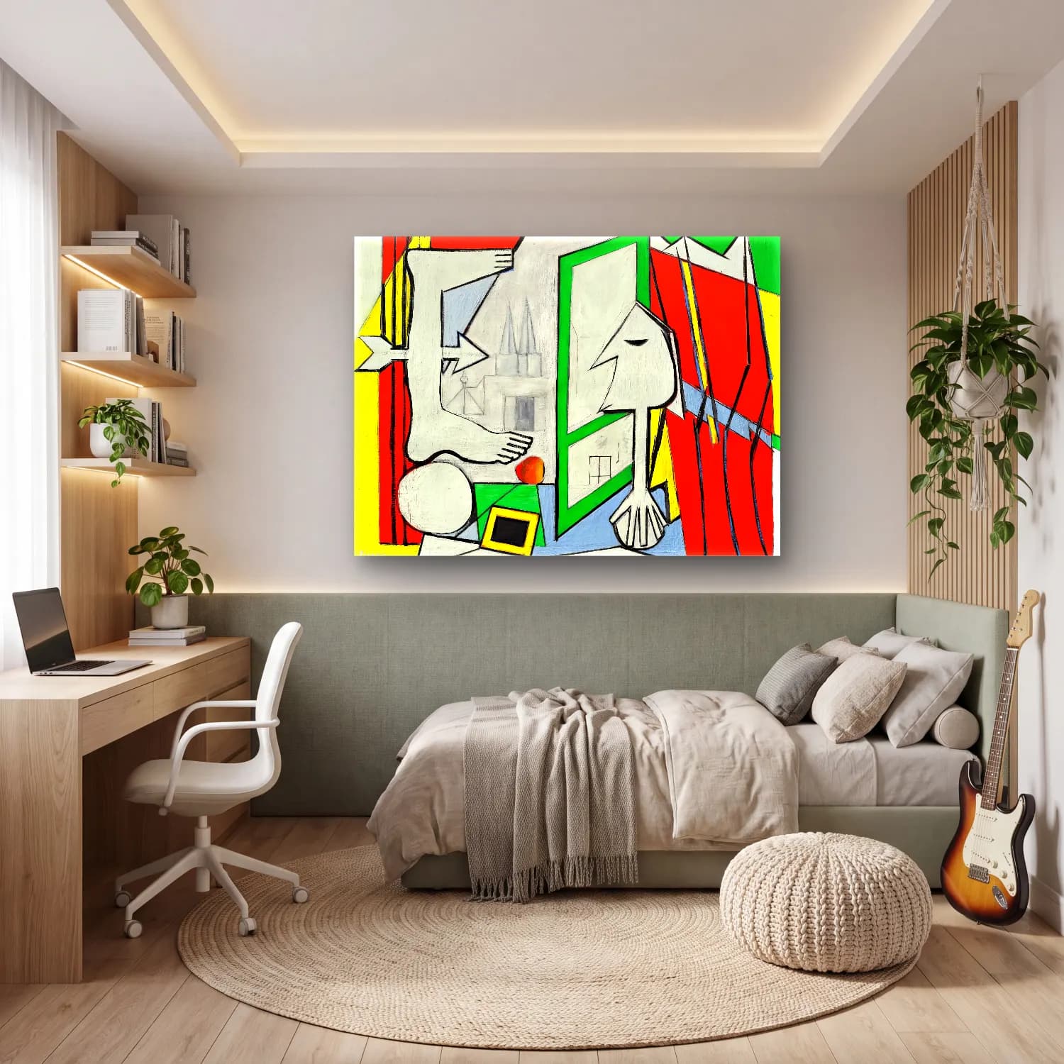 Modern Soyut Yüz No. 14 cam tablo — genç odasında